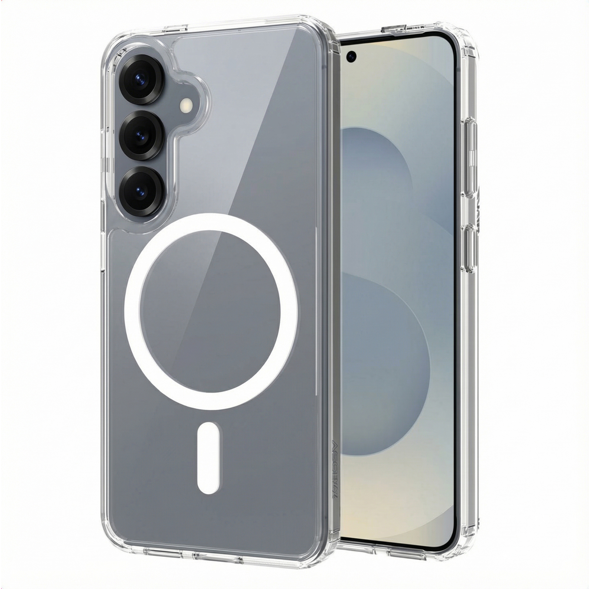 Una custodia trasparente per telefono con design circolare bianco e smartphone. La custodia ha un ritaglio per la fotocamera.