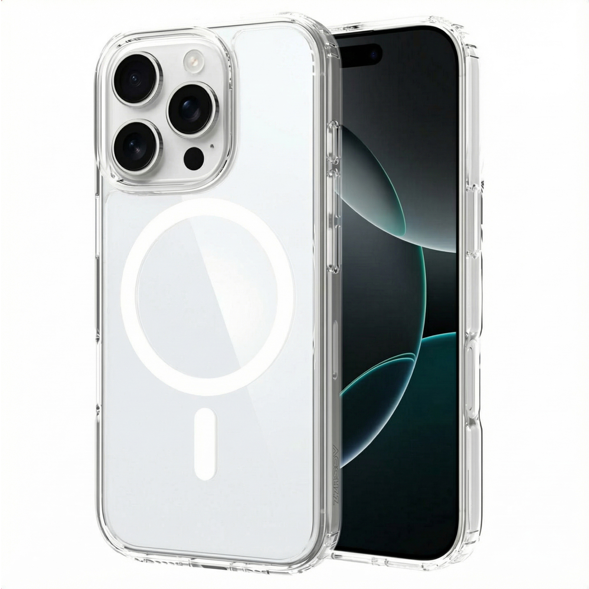 Coque de téléphone transparente sur un téléphone. Le téléphone a un écran noir et plusieurs lentilles de caméra.