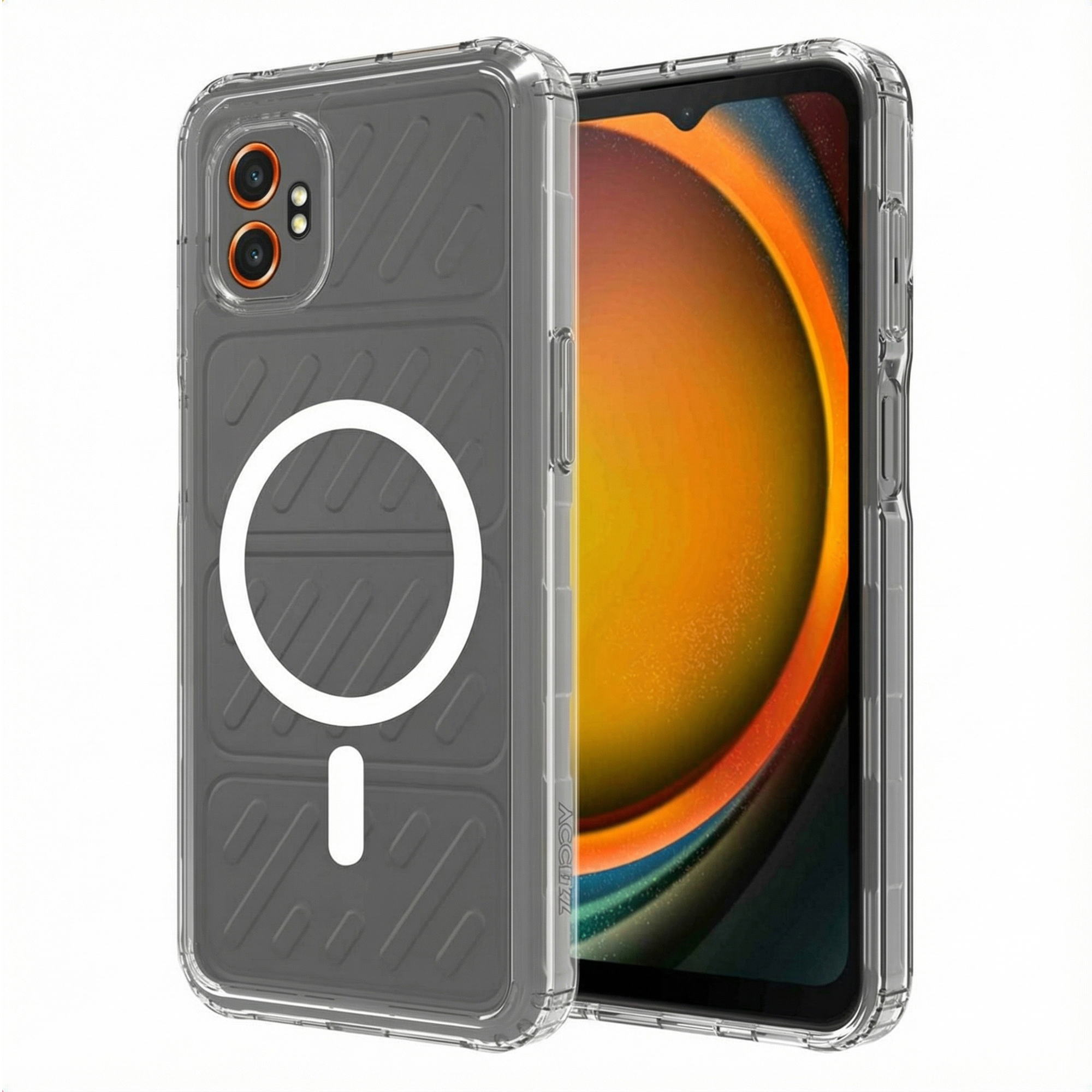 Un téléphone dans un étui transparent. L'étui a un cercle blanc et un signe moins. L'écran affiche un dégradé orange.