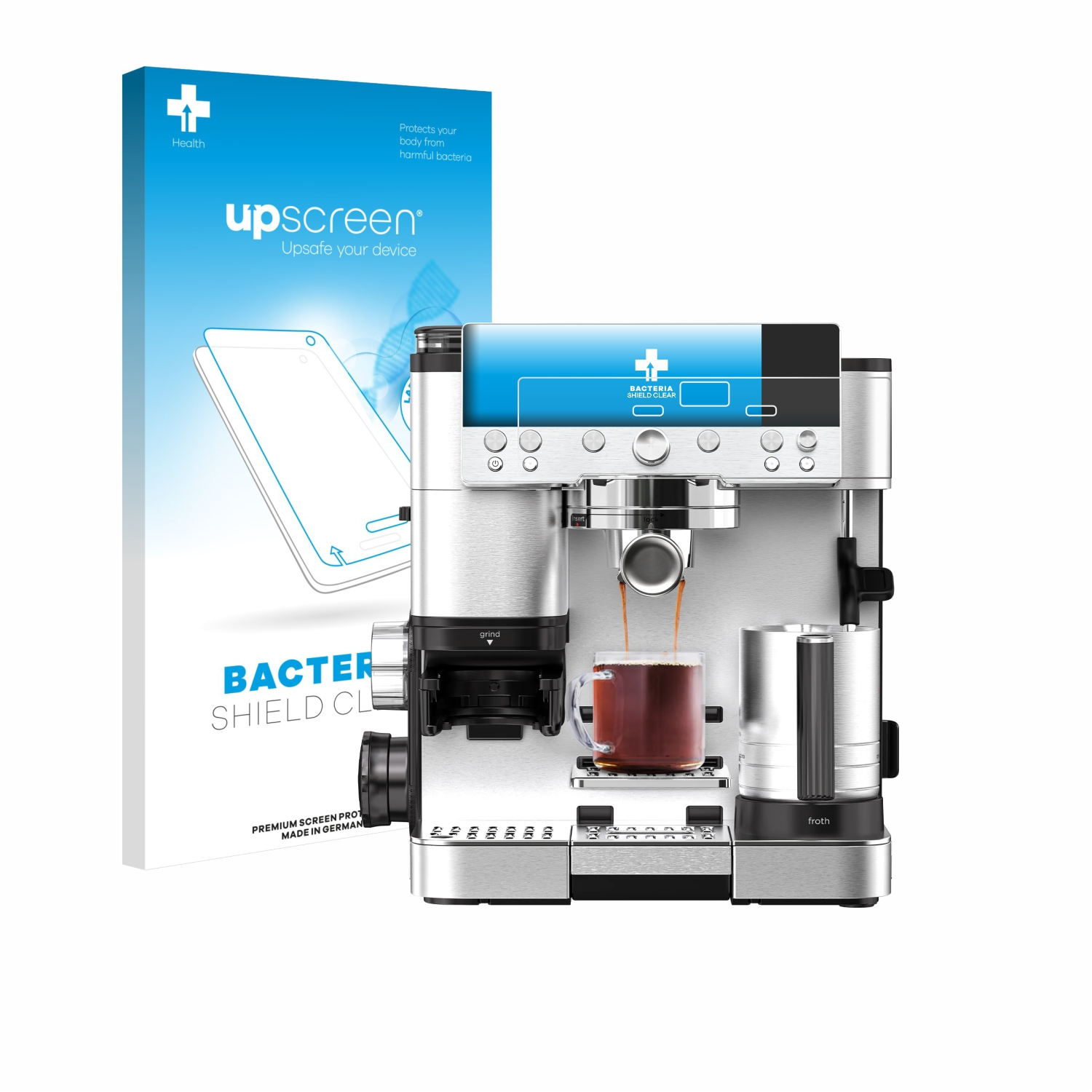 Eine Kaffeemaschine mit einer Glastasse und einer Box mit der Aufschrift 'upscreen'. Die Maschine ist silberfarben.