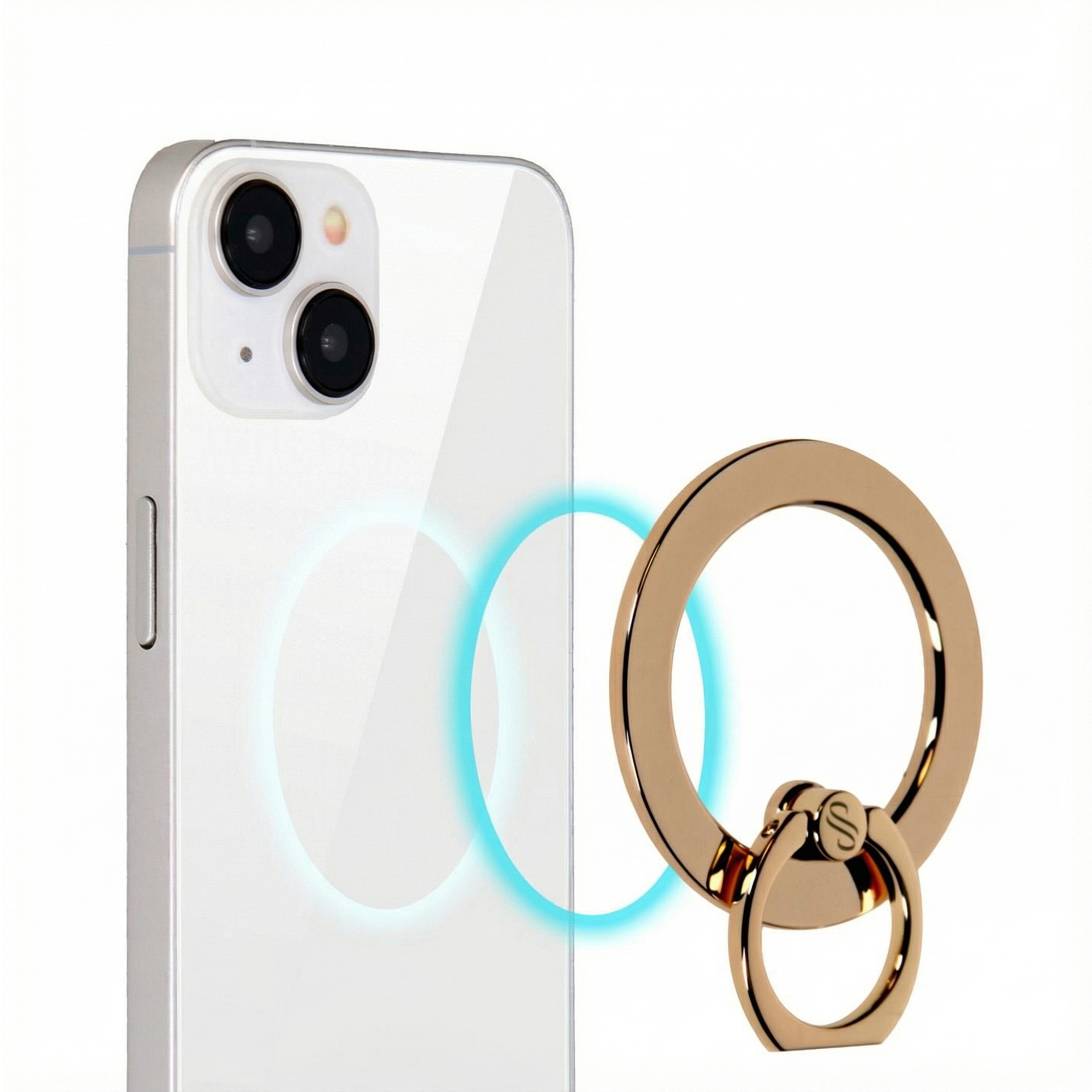 Een witte iPhone met een gouden ringhouder. De houder is losgemaakt, met een blauwe gloed.