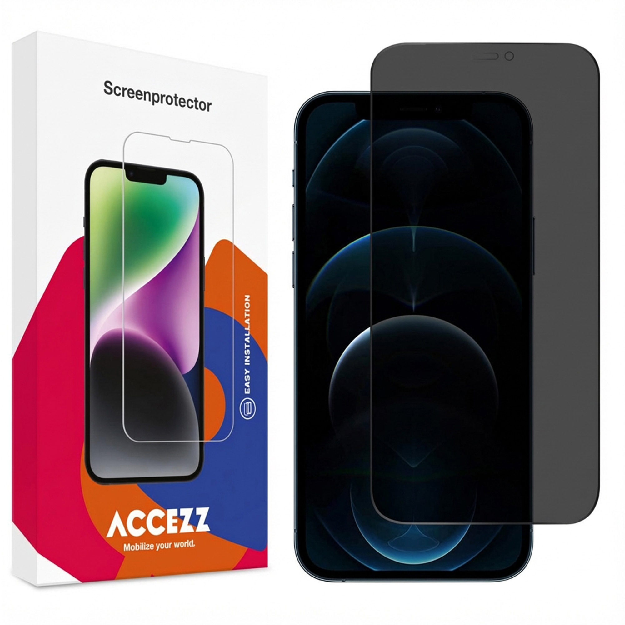 Een schermbeschermer kit. Het bevat een telefoon, een schermbeschermer en een doos met het merk ACCEZZ.