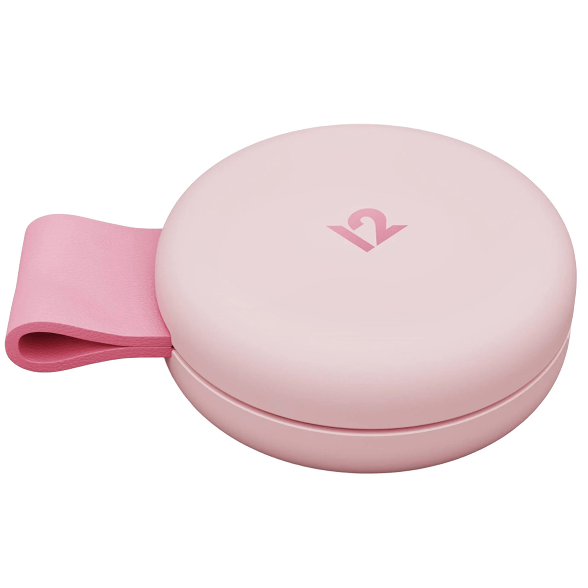 Un astuccio rosa e rotondo con un cinturino abbinato. L'astuccio ha un logo sulla parte superiore. Lo sfondo è bianco.