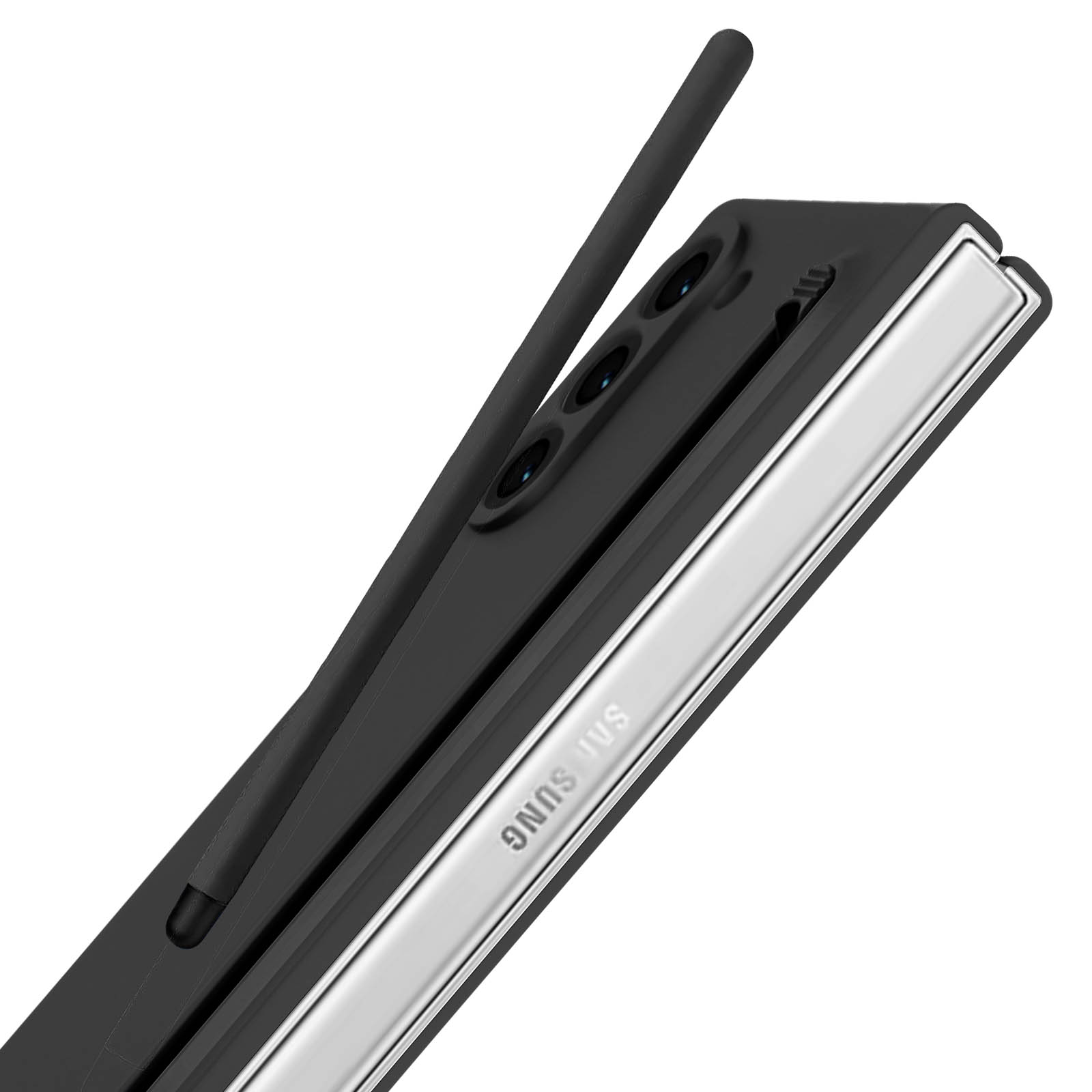 Un telefono nero con un lato argentato è visualizzato ad angolo. È inserita una penna nera. Il logo Samsung è visibile.