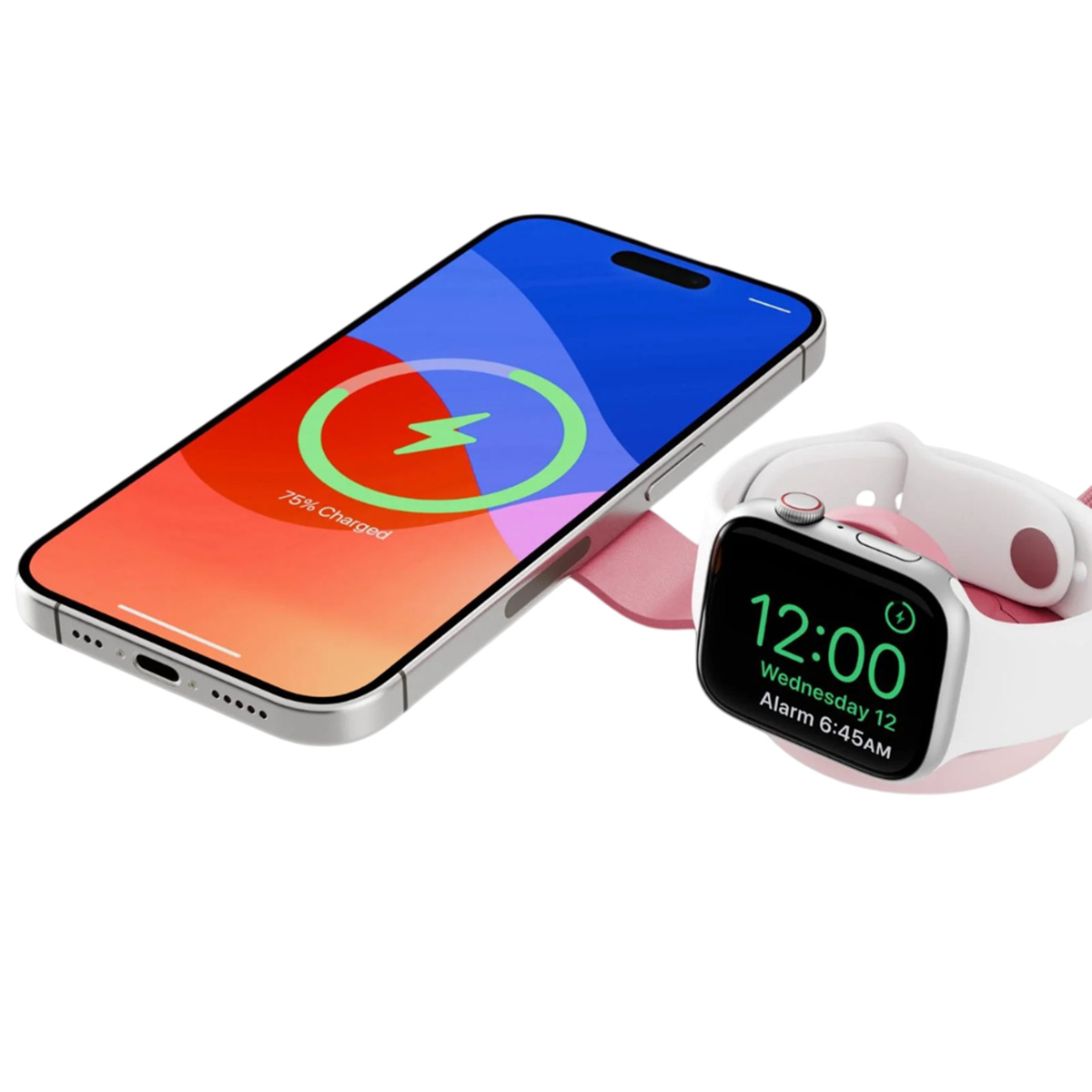 Un telefono in carica, mostra 75%. Un Apple Watch mostra le 12:00, mercoledì 12, Sveglia 6:45. Entrambi su sfondo bianco.
