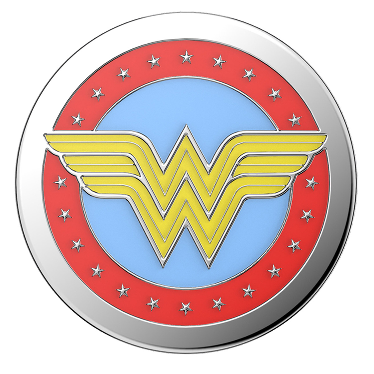 Logo rotondo con bordo argentato. Presenta un centro blu con una 'W' gialla e un anello rosso con stelle bianche.