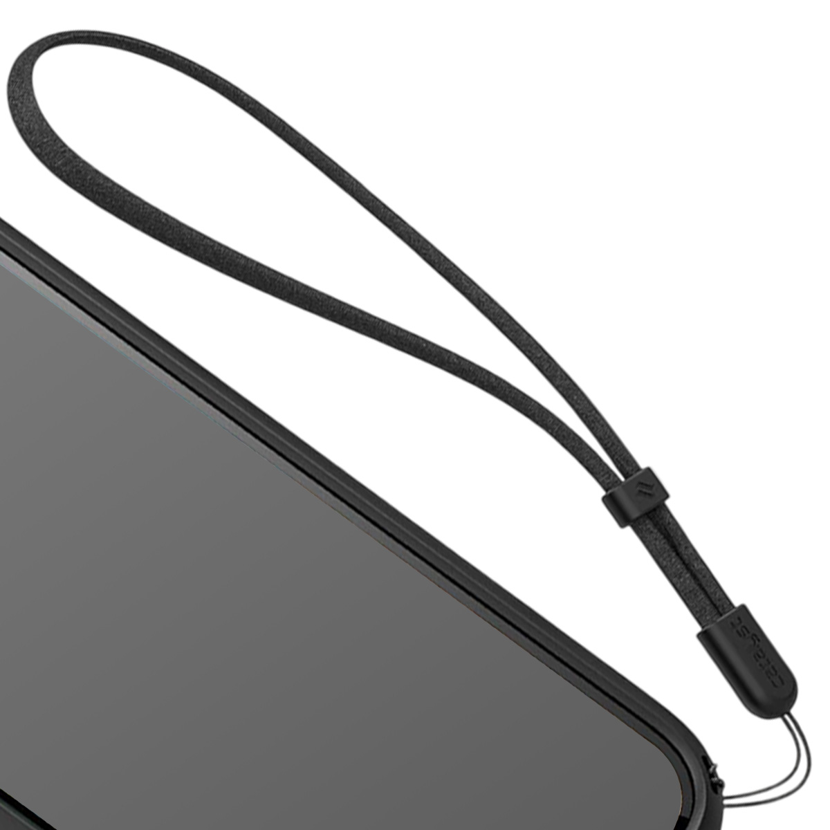 Primo piano di un telefono nero con cinturino nero, su sfondo bianco. Il telefono è in una custodia nera.