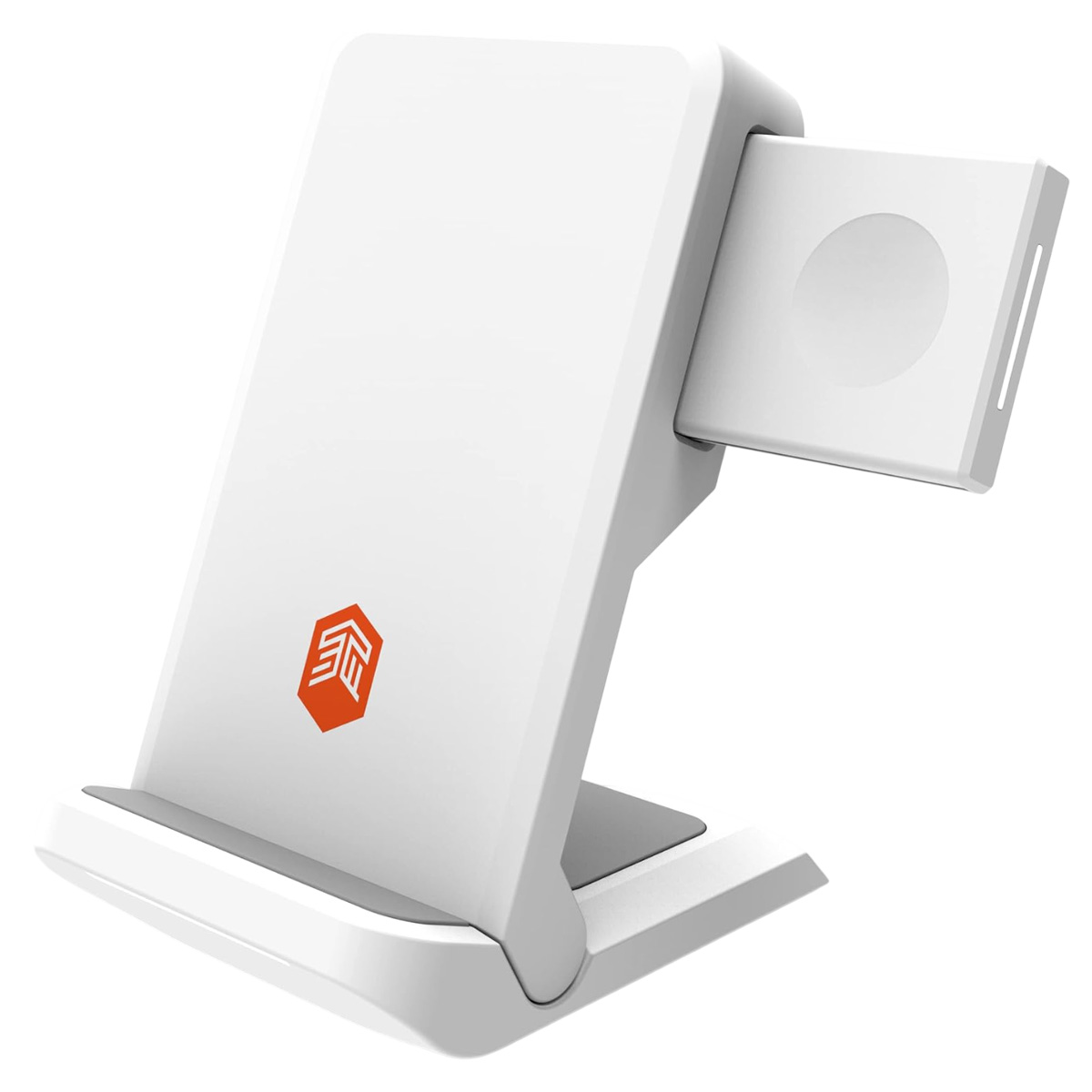 Un soporte de carga blanco para smartwatch y teléfono. Tiene un logotipo naranja y una base de carga para el reloj.