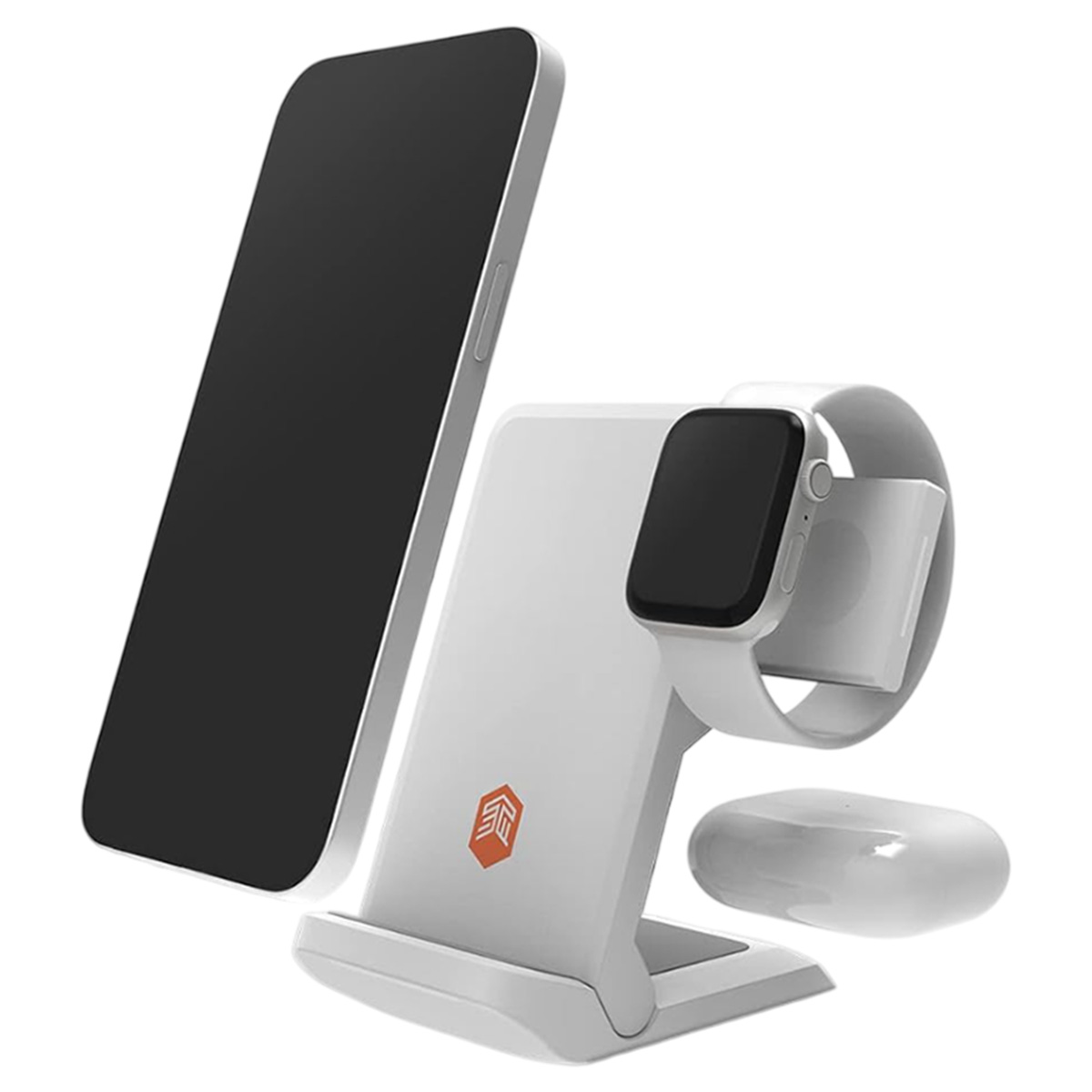 Una estación de carga blanca sostiene un teléfono, un reloj y auriculares. El teléfono y el reloj tienen pantallas negras.