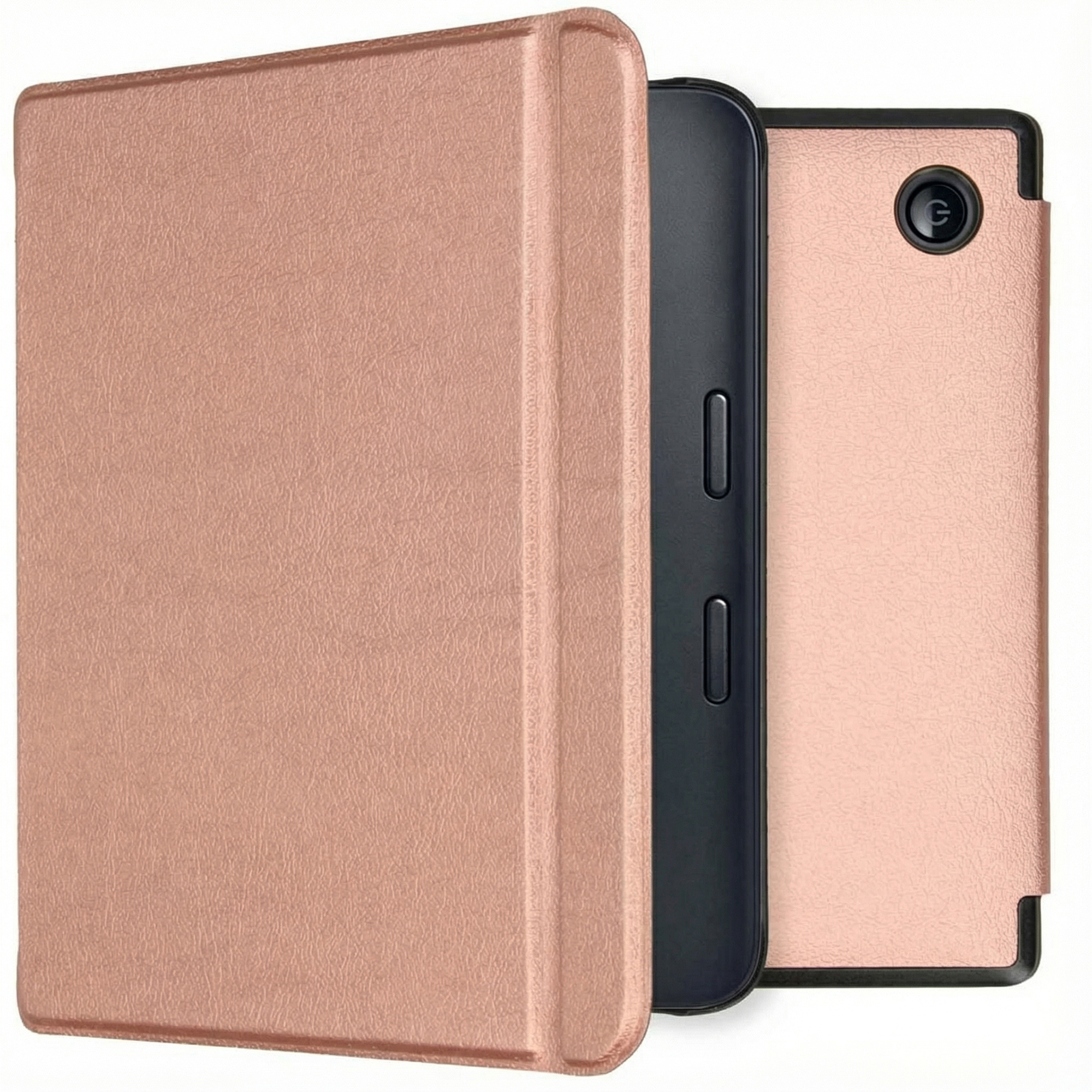 Een roségouden tablethoes is open en onthult een zwarte tablet. De hoes en tablet hebben een textuur afwerking.