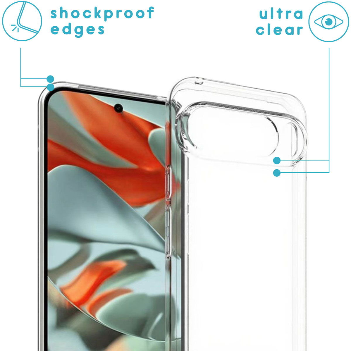 Une coque de téléphone transparente à côté d'un téléphone. L'étui porte la mention «ultra clear». Le téléphone affiche des formes abstraites orange et grises.