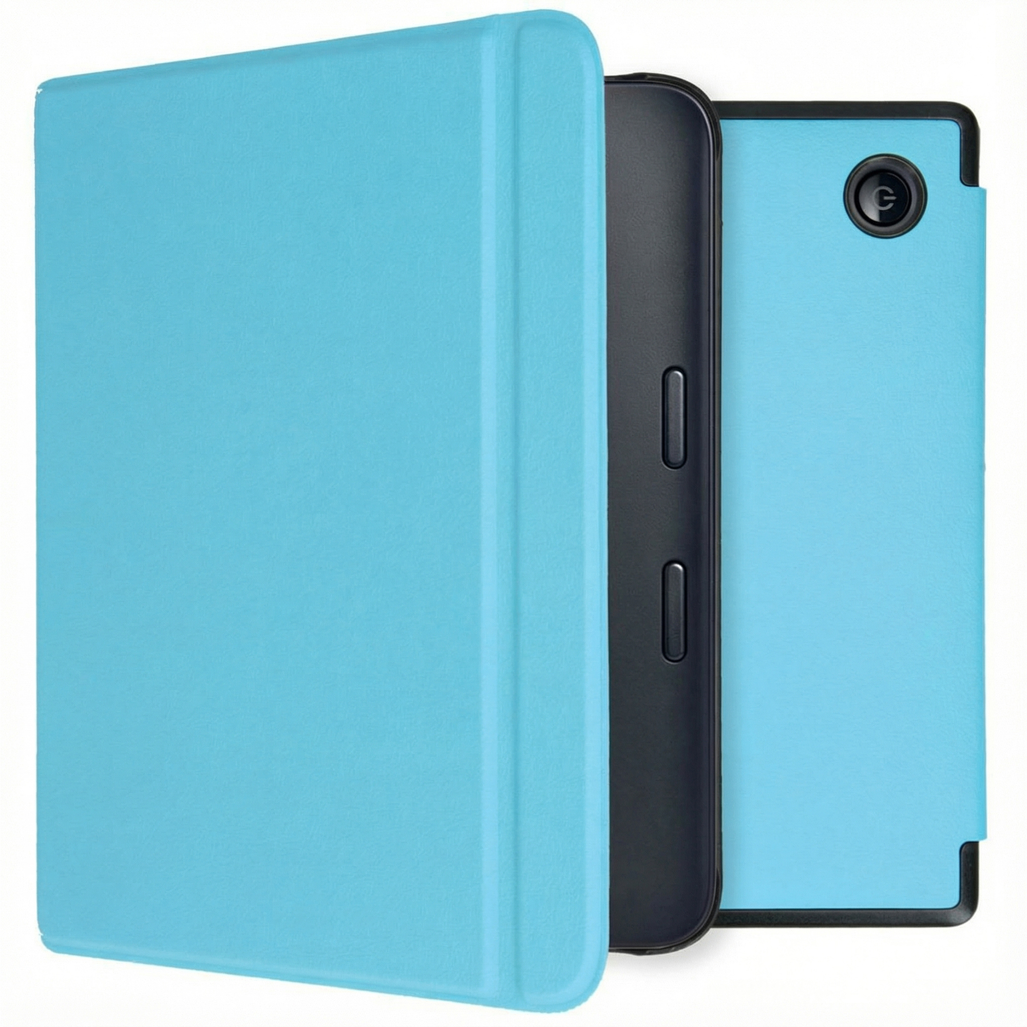 Une tablette dans un étui cyan, partiellement ouvert. La tablette est noire. Le bouton d'alimentation est visible. Fond blanc.