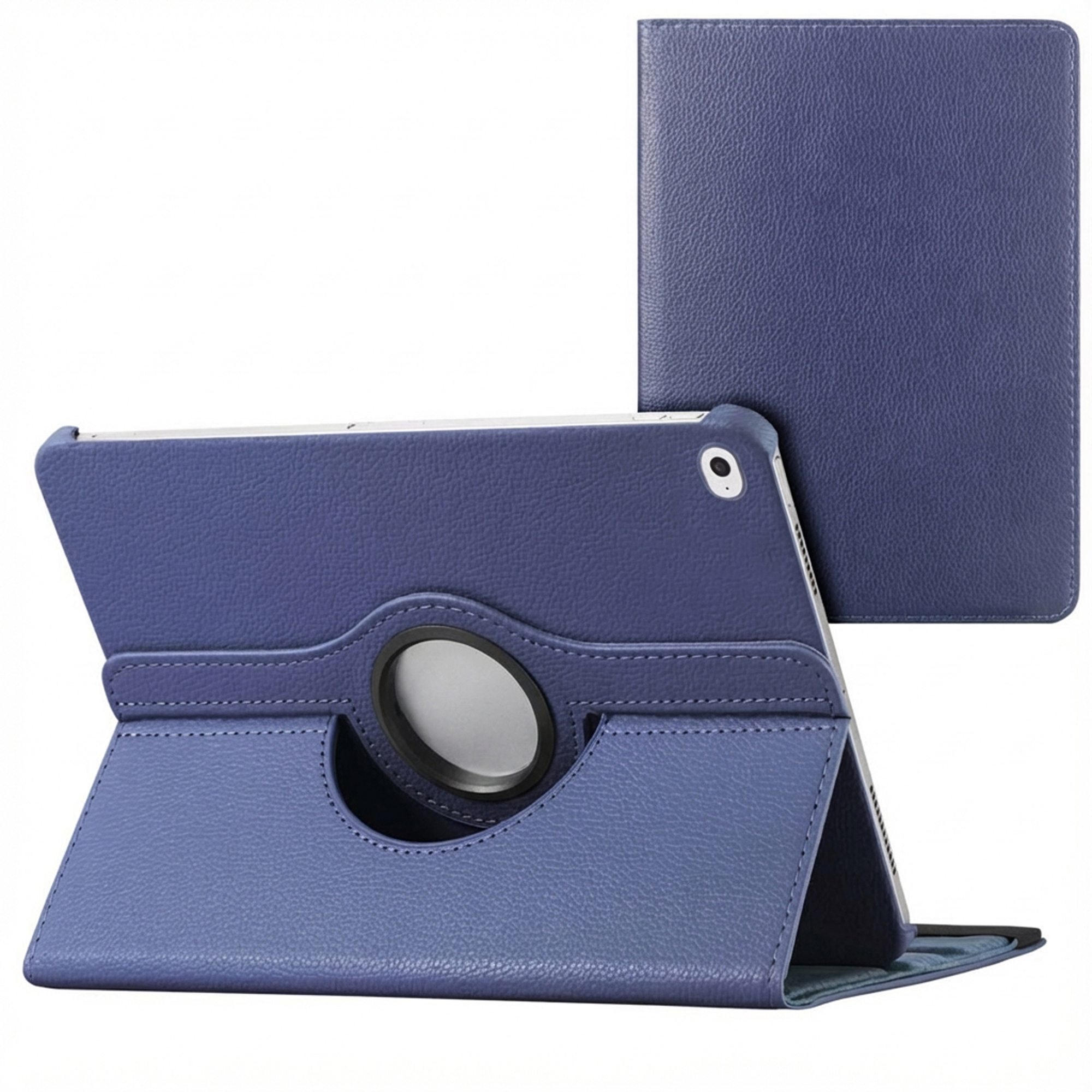 Een blauwe tablethoes, open en de tablet weergevend. Een ander deel van de hoes staat ernaast. Alles op een witte achtergrond.