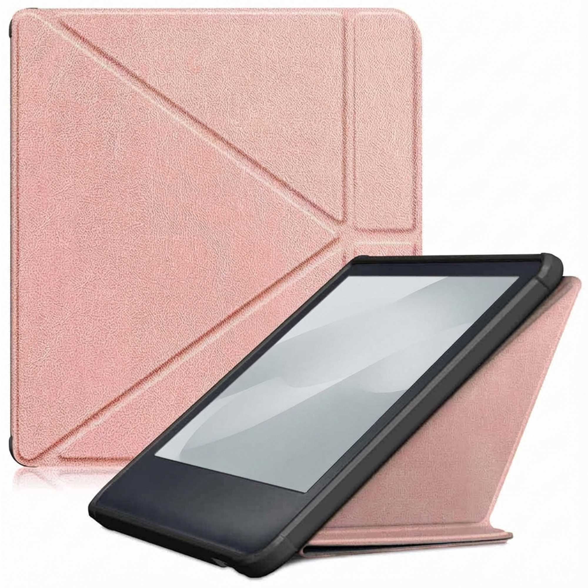 Een roze tabletcase en een zwarte tablet. De case is open en ondersteunt de tablet, met een getextureerde afwerking.