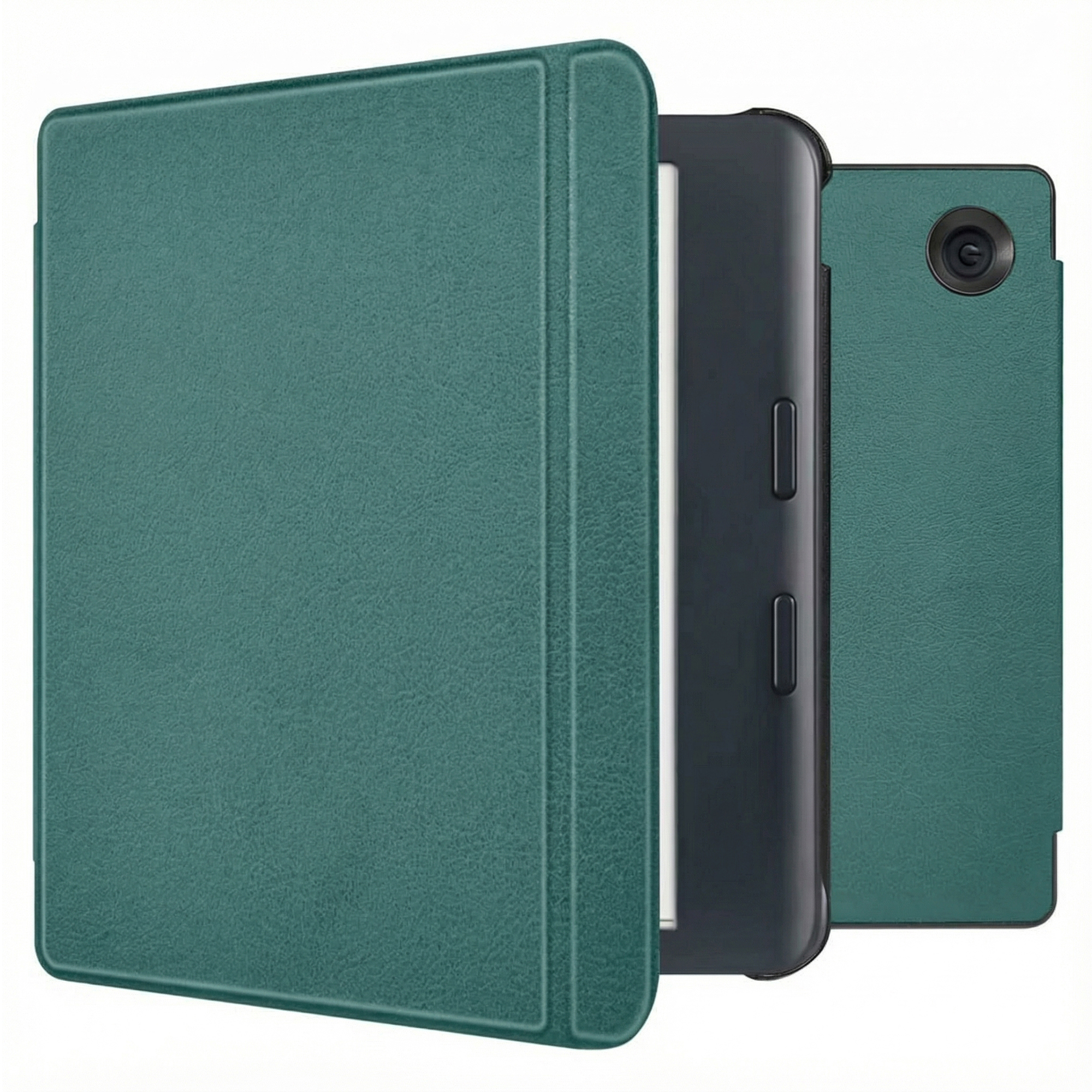 Een teal tabletcover en een zwarte e-reader worden getoond. De cover is open en toont het apparaat.