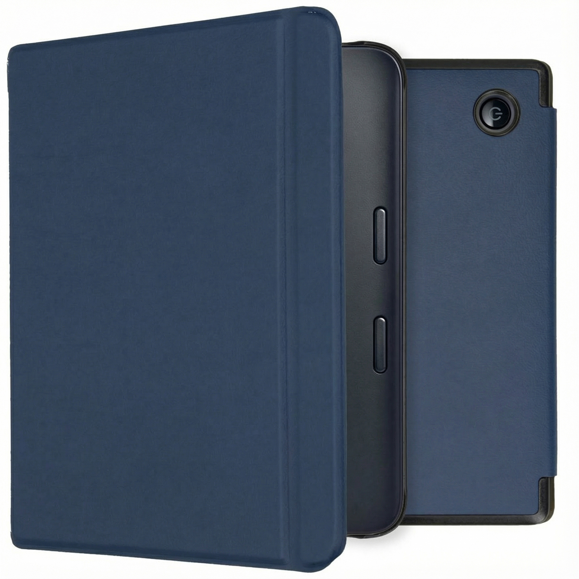 Une coque de tablette bleu foncé, partiellement ouverte, révélant une tablette noire. La coque a une surface texturée.