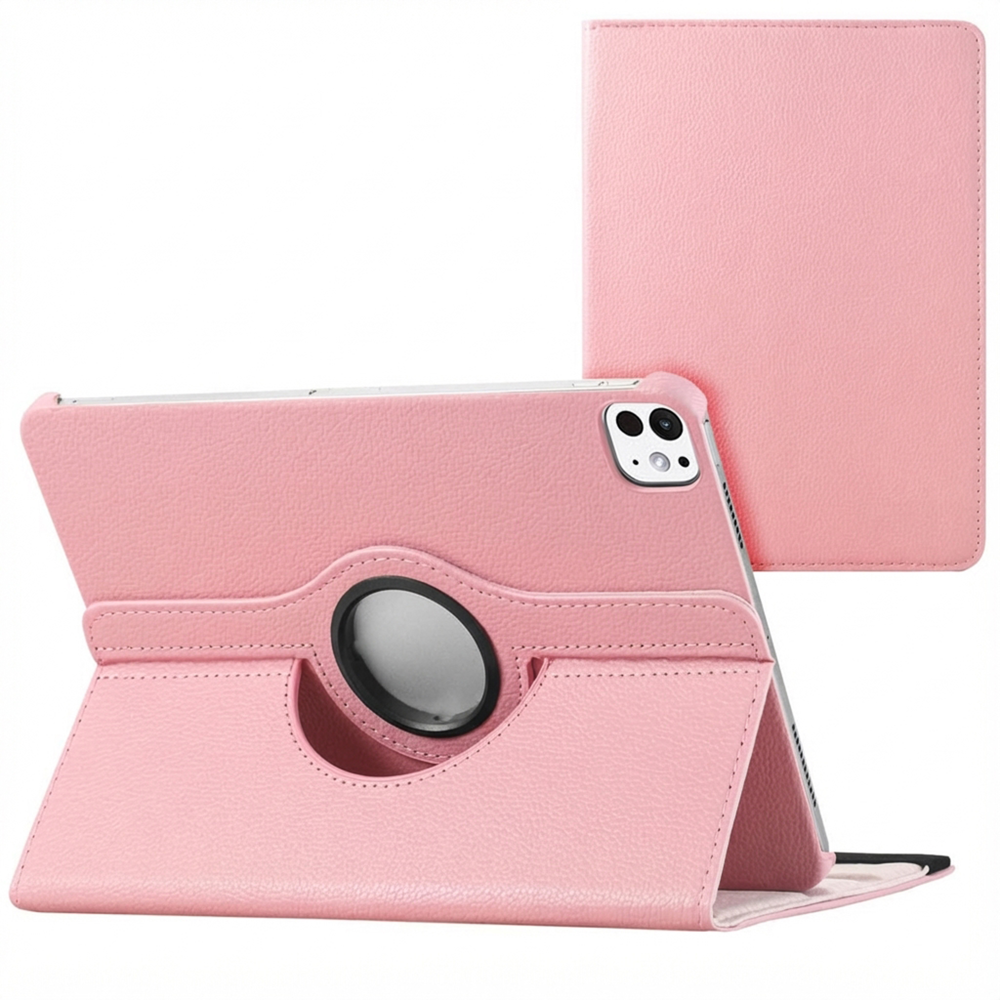 Roze tablethoes met een roterende standaard en een aparte hoes. De hoes is gemaakt van textiel.