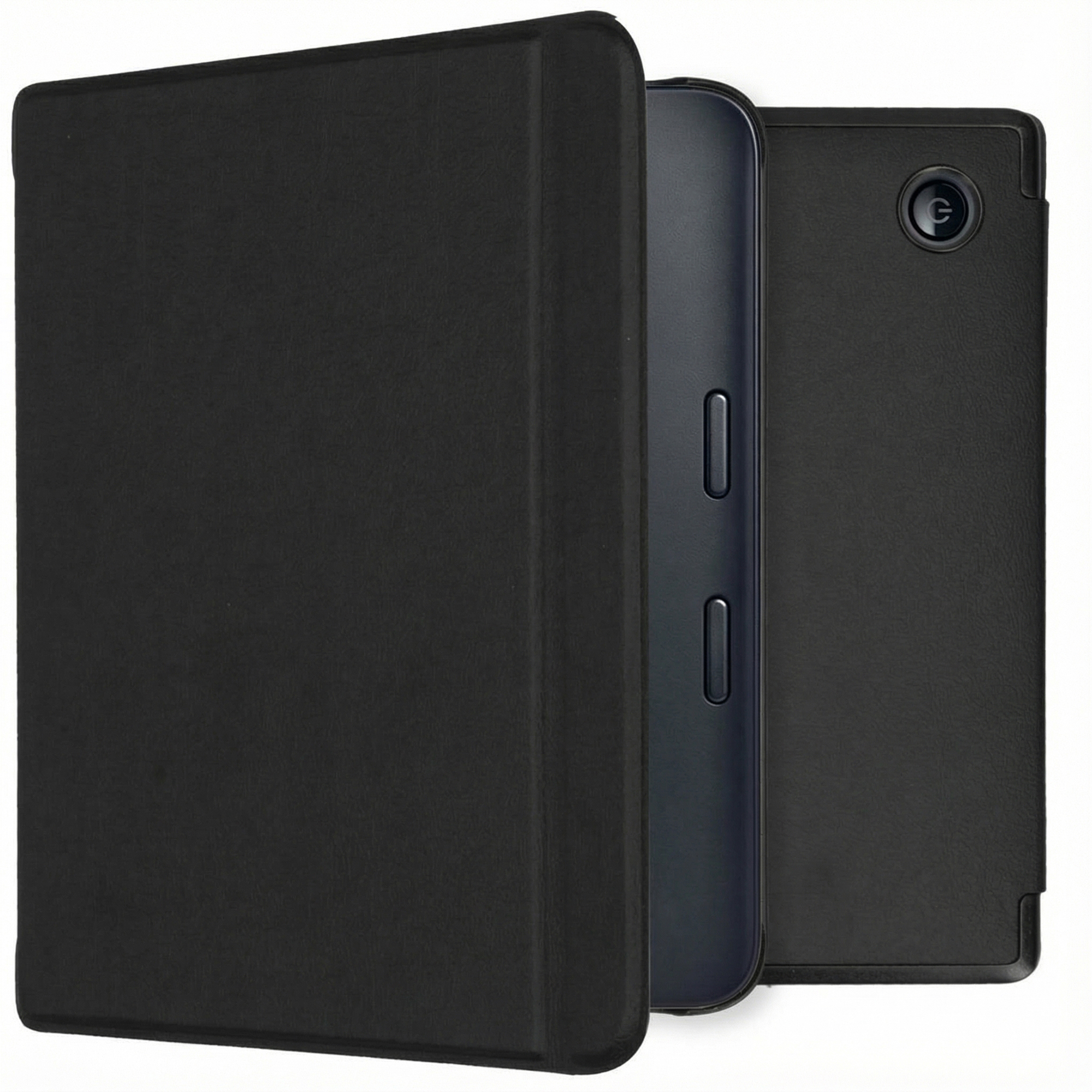 Une tablette noire dans un étui noir. Bouton d'alimentation visible. Bords de tablette bleu foncé avec boutons.