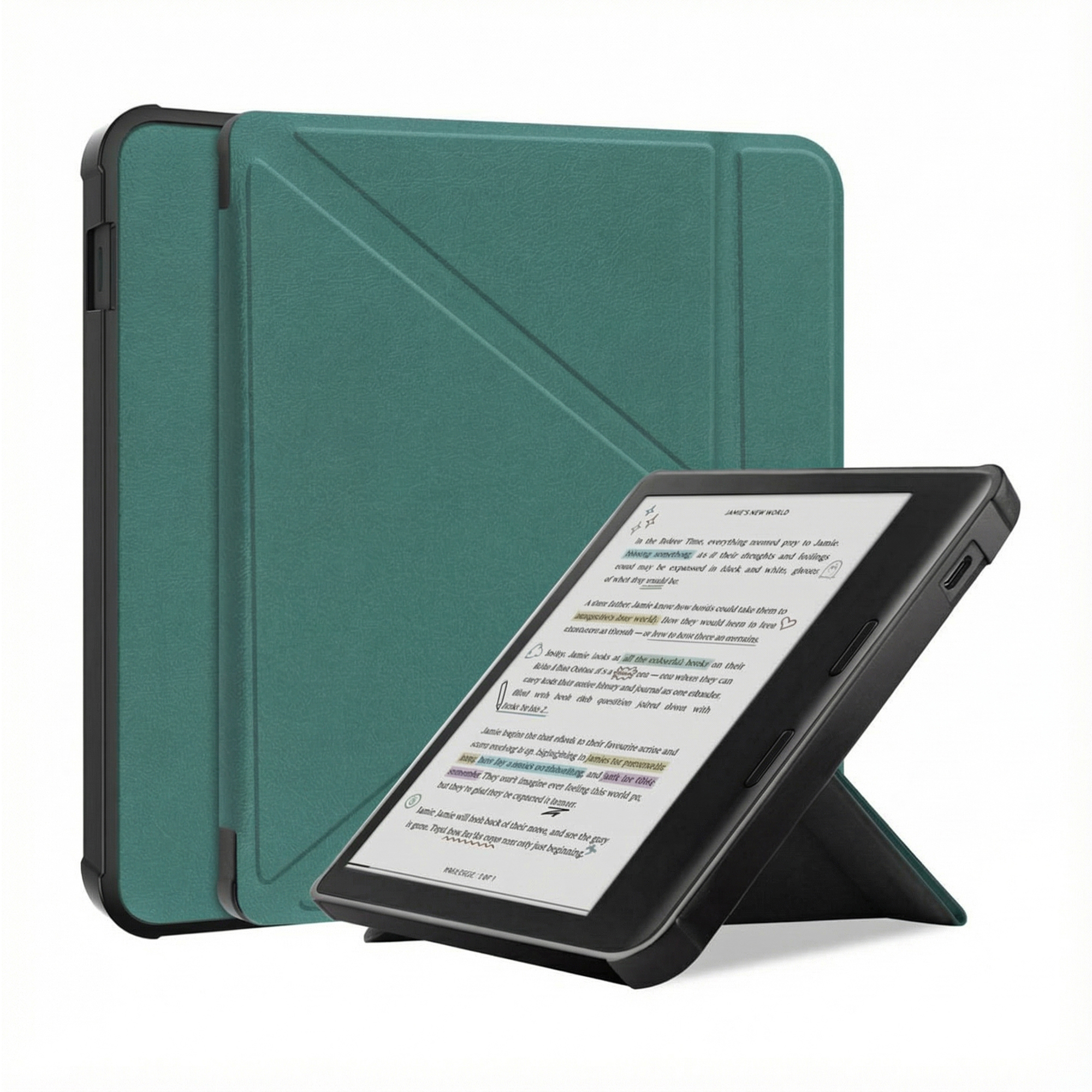 Une tablette avec un livre affiché, soutenue par une couverture. Une autre couverture est derrière. Les deux sont bleu-vert.
