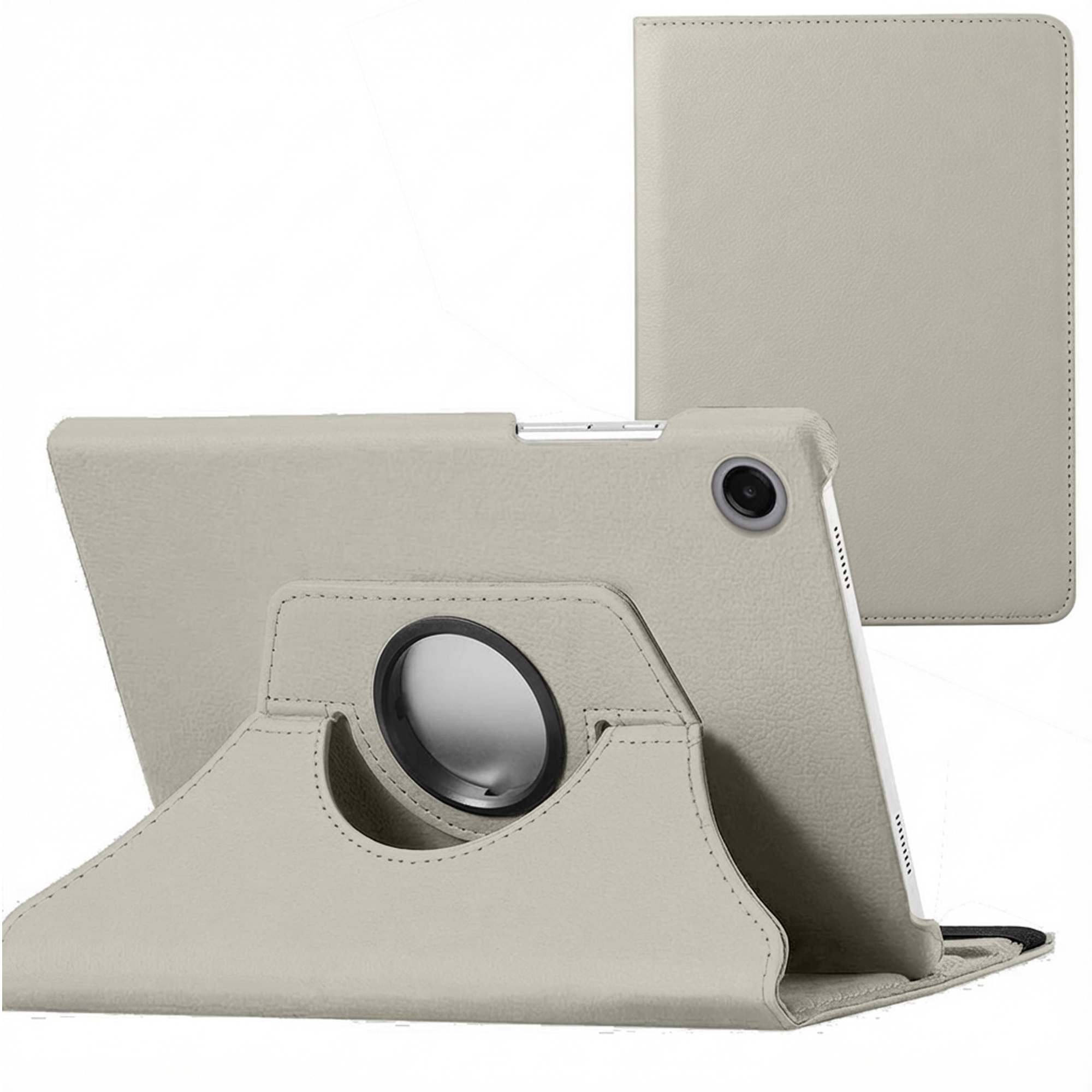 A tablet in a light grey case. The case has a rotating stand and a separate cover.