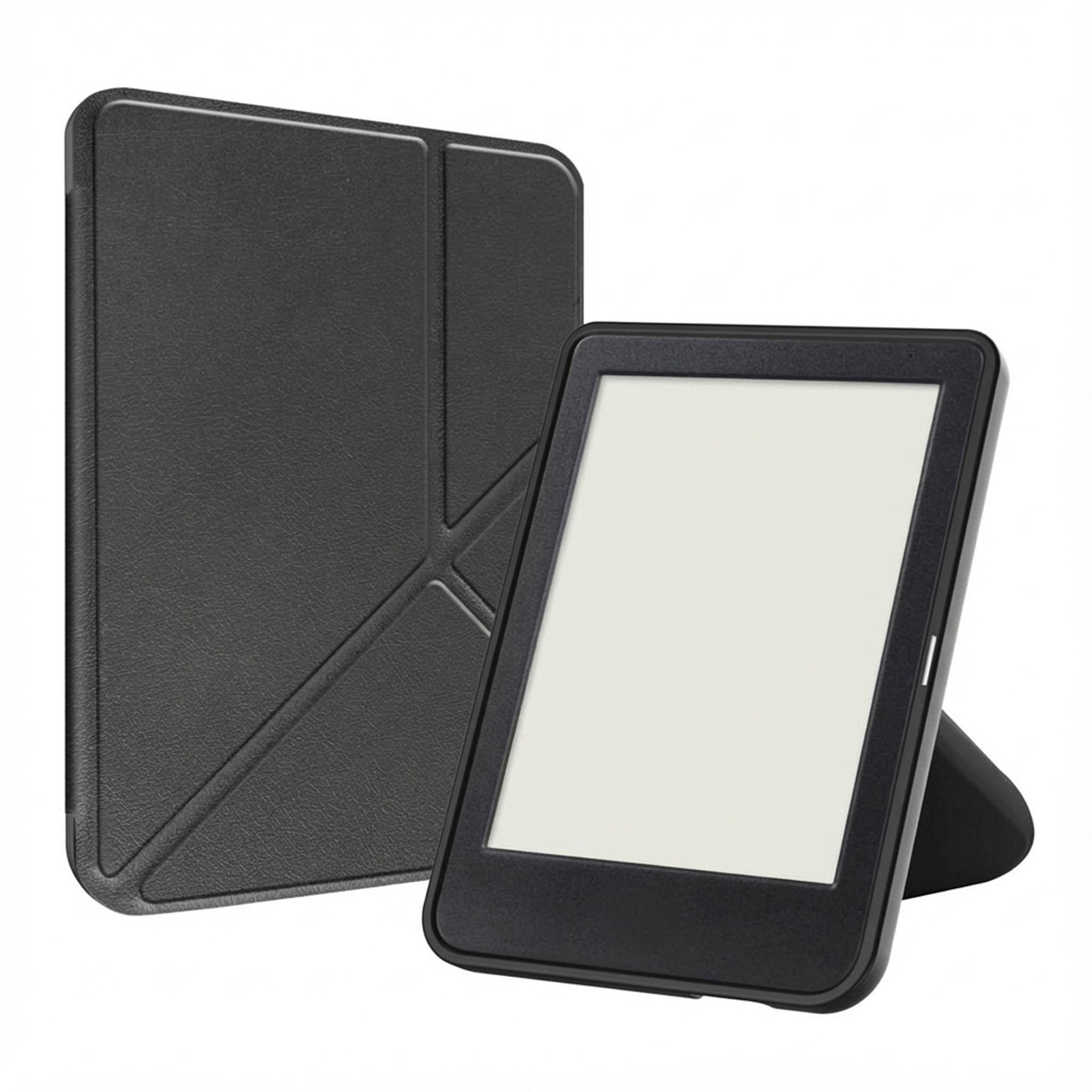 Zwarte e-reader met hoes. De e-reader staat omhoog. Beide op een witte achtergrond.