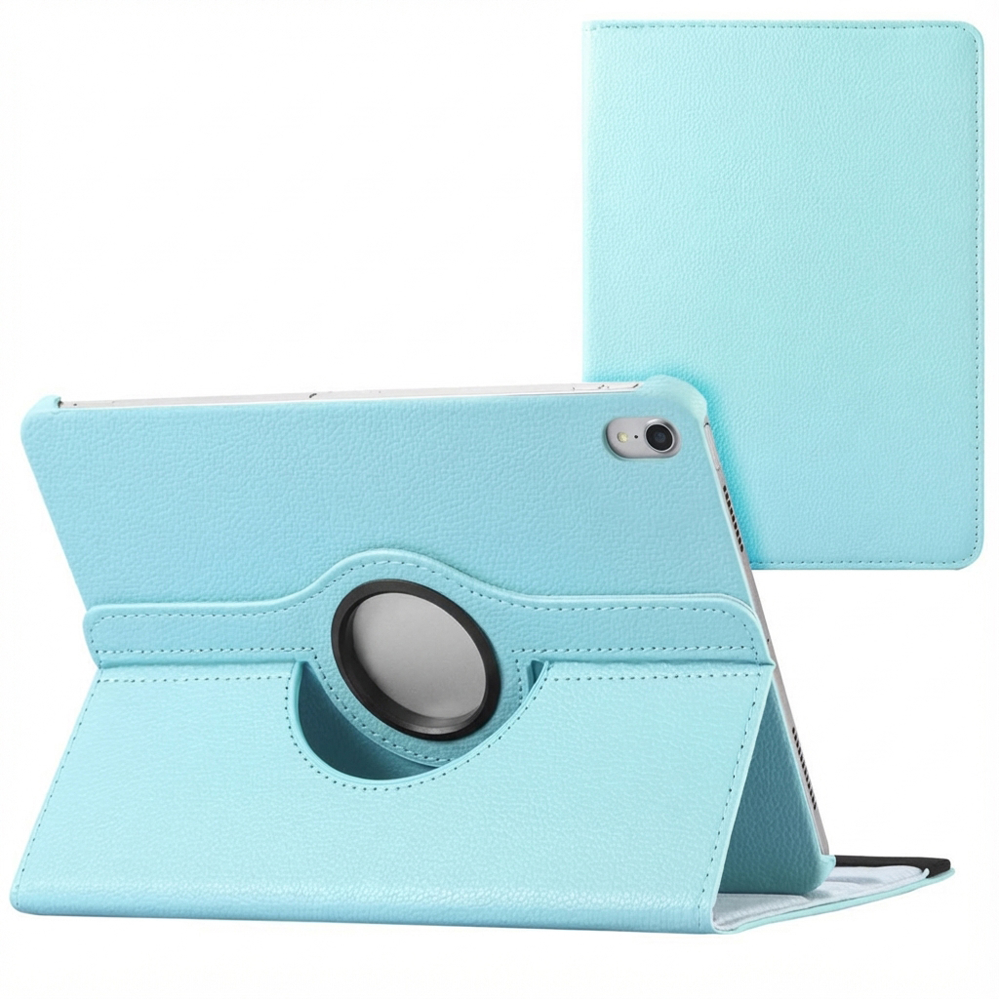 A light blue tablet case is shown. The case is open, displaying the tablet. A separate cover is seen in the background.