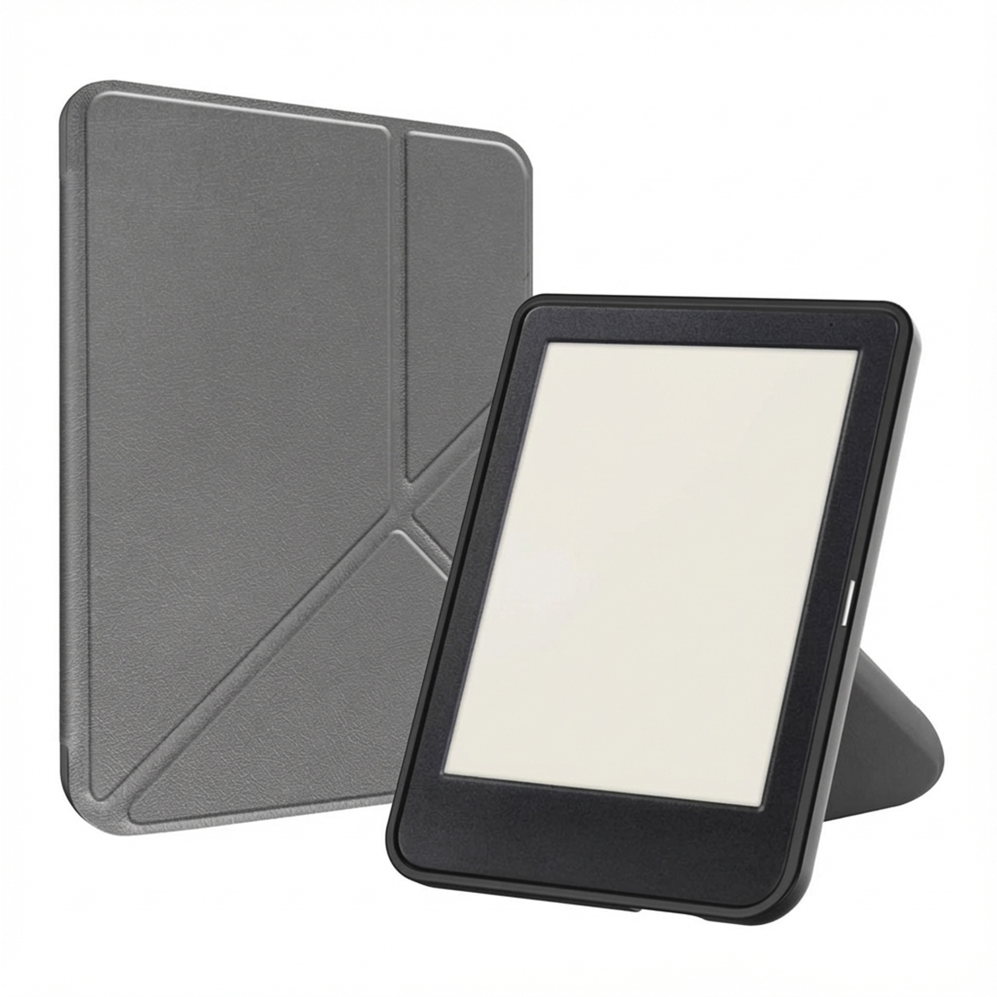 Een grijze e-reader met een zwart frame en een bijpassende grijze hoes. Het scherm is wit. Het staat op een zwarte standaard.