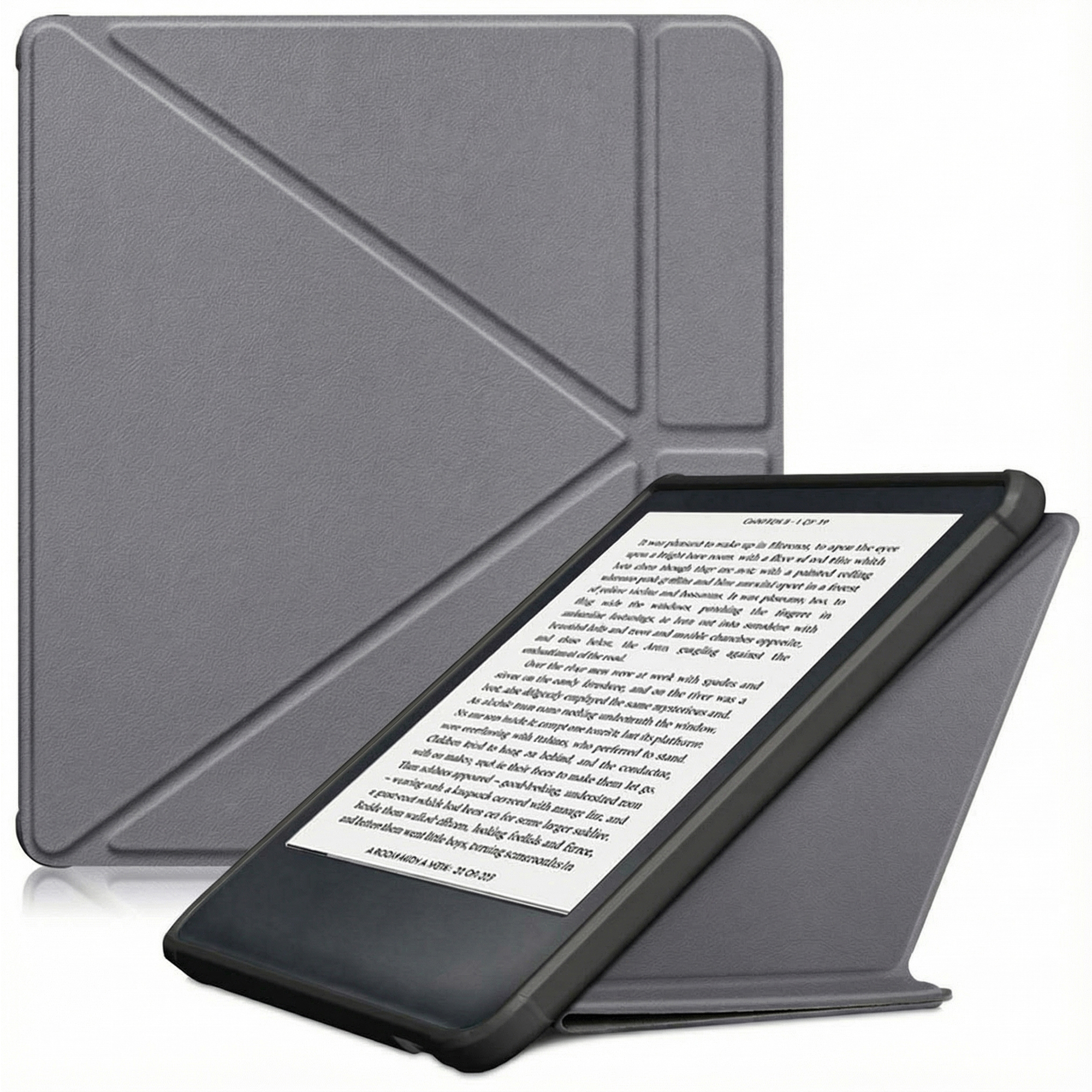 Een grijze e-reader in een grijze hoes is open, met tekst. Een gesloten hoes staat erachter.