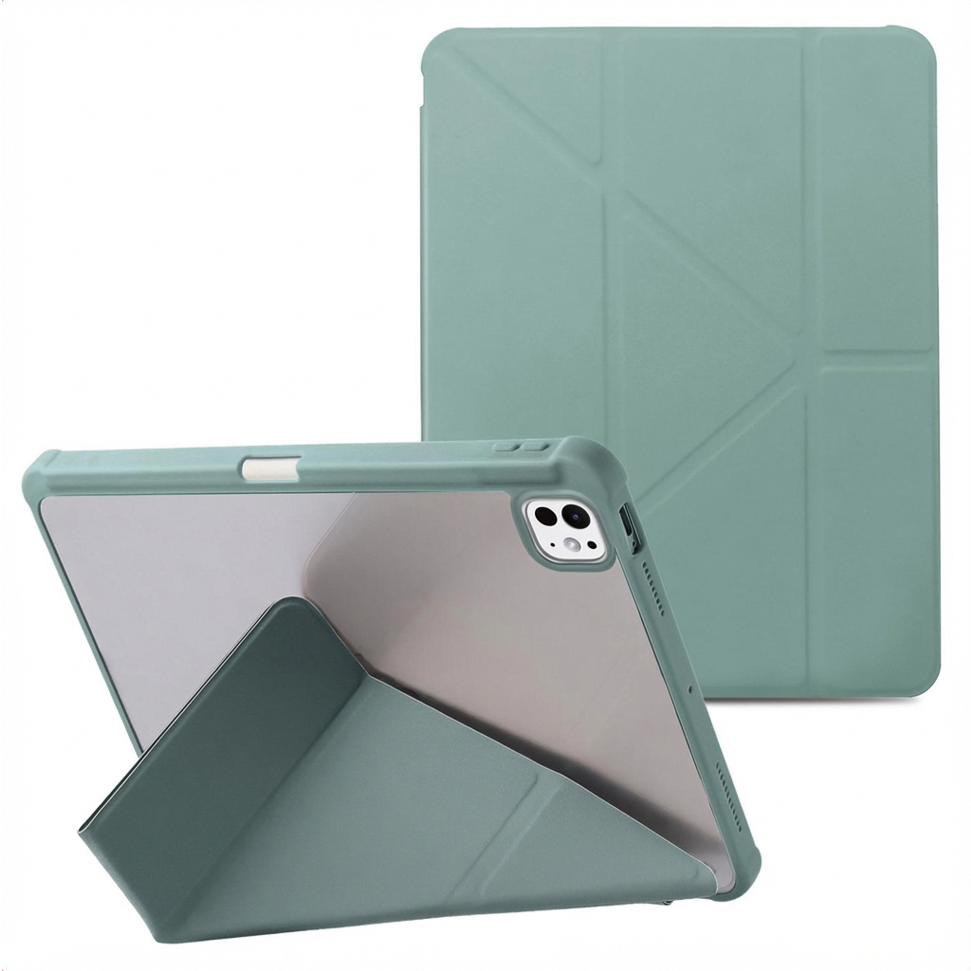 Groene tablethoes. Eén open, gesteund, de andere gesloten. Beide hebben geometrische ontwerpen.