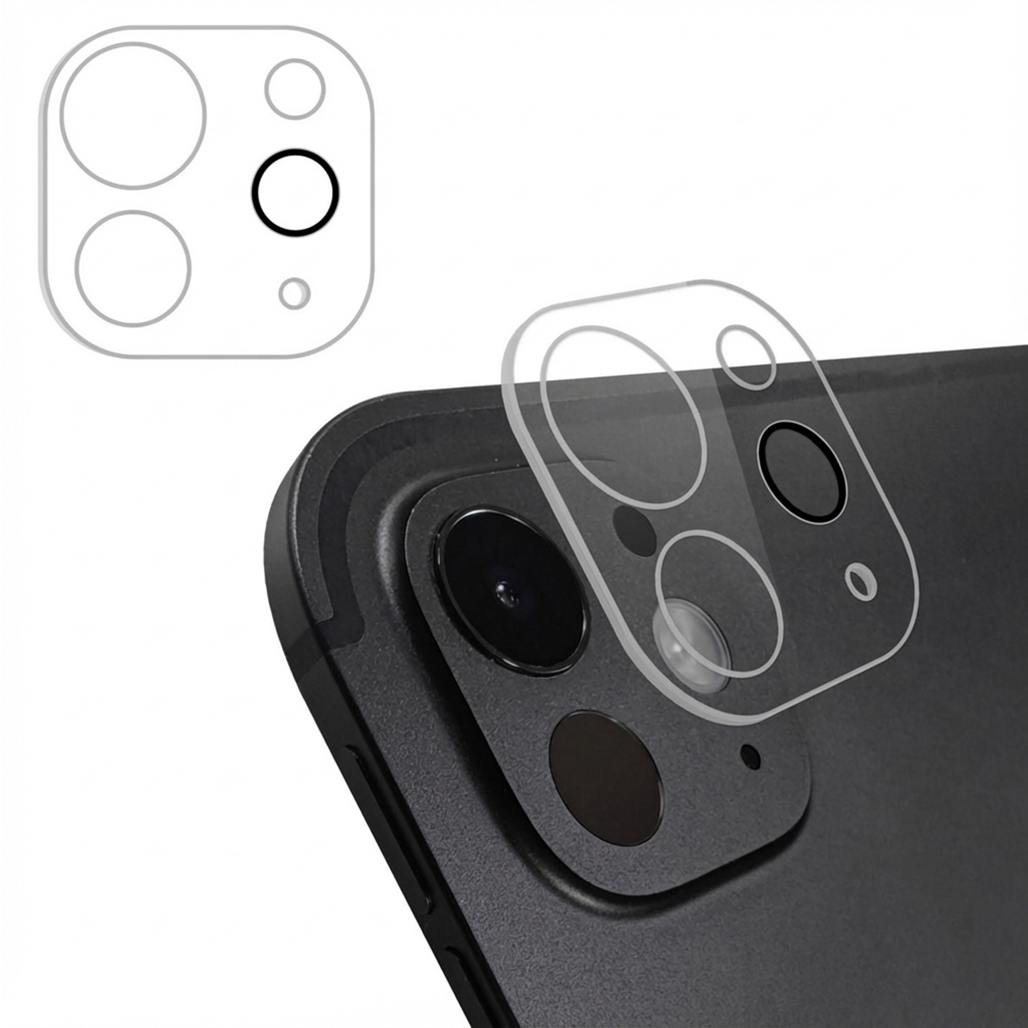 Een telefoon met cameralensbeschermer. De beschermer heeft cirkels en de zwarte cameralenzen van de telefoon zijn zichtbaar.