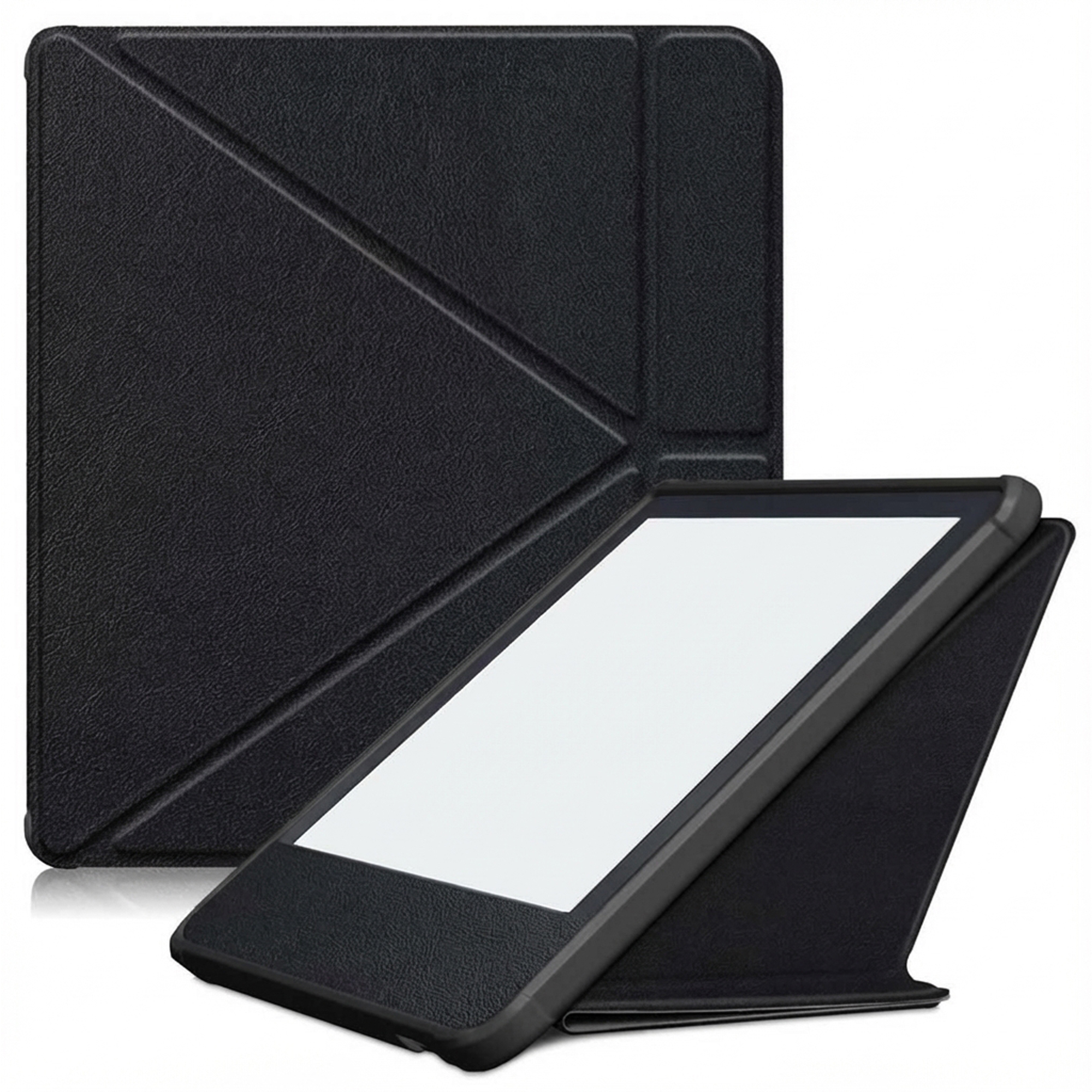 Zwarte e-reader met wit scherm in een zwarte, getextureerde hoes. Er staat nog een hoes achter. De hoes is als een standaard opgevouwen.