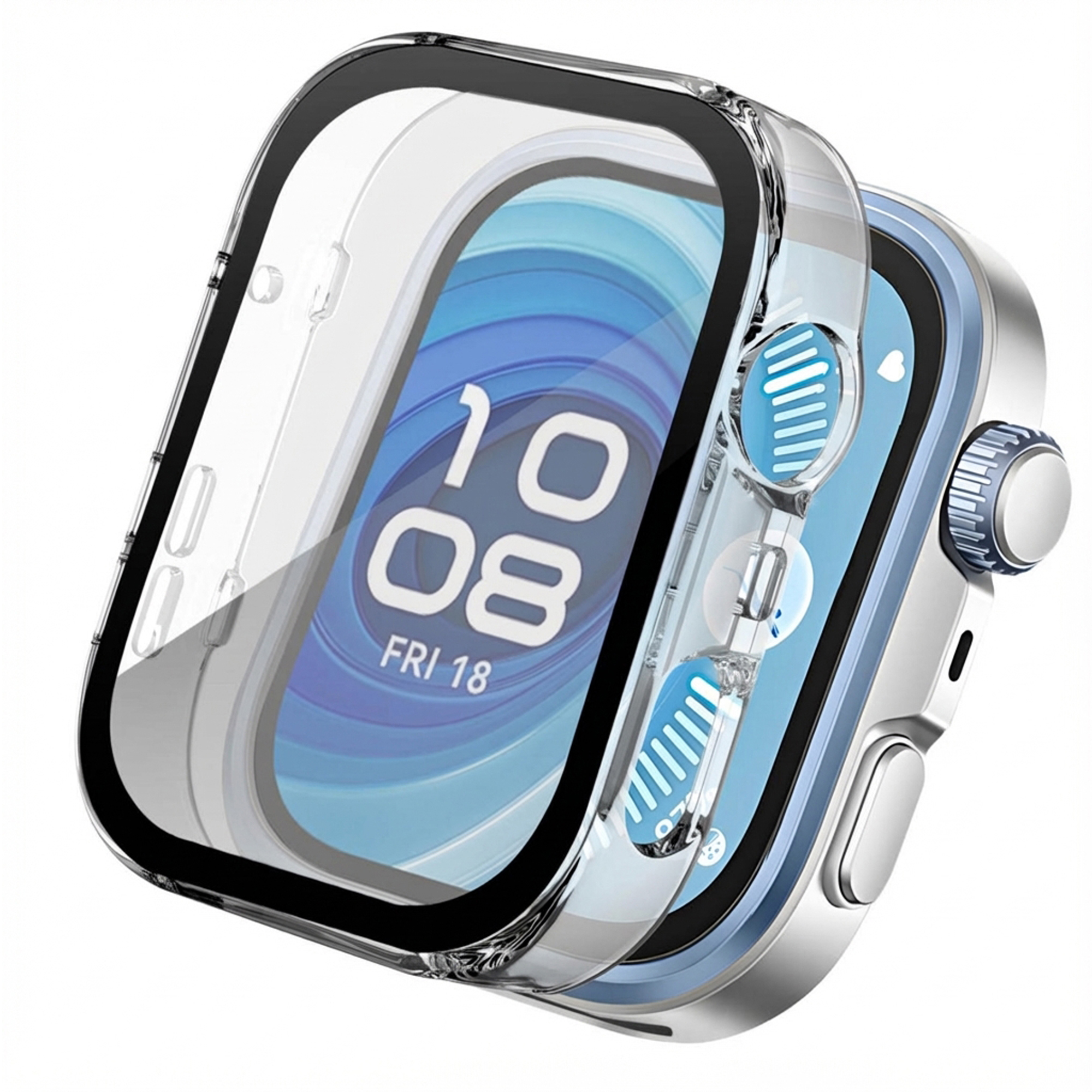 Een transparante horlogekast met zwarte randen. Het horloge toont '10:08 FRI 18'. Zilveren horloge met blauwe accenten.