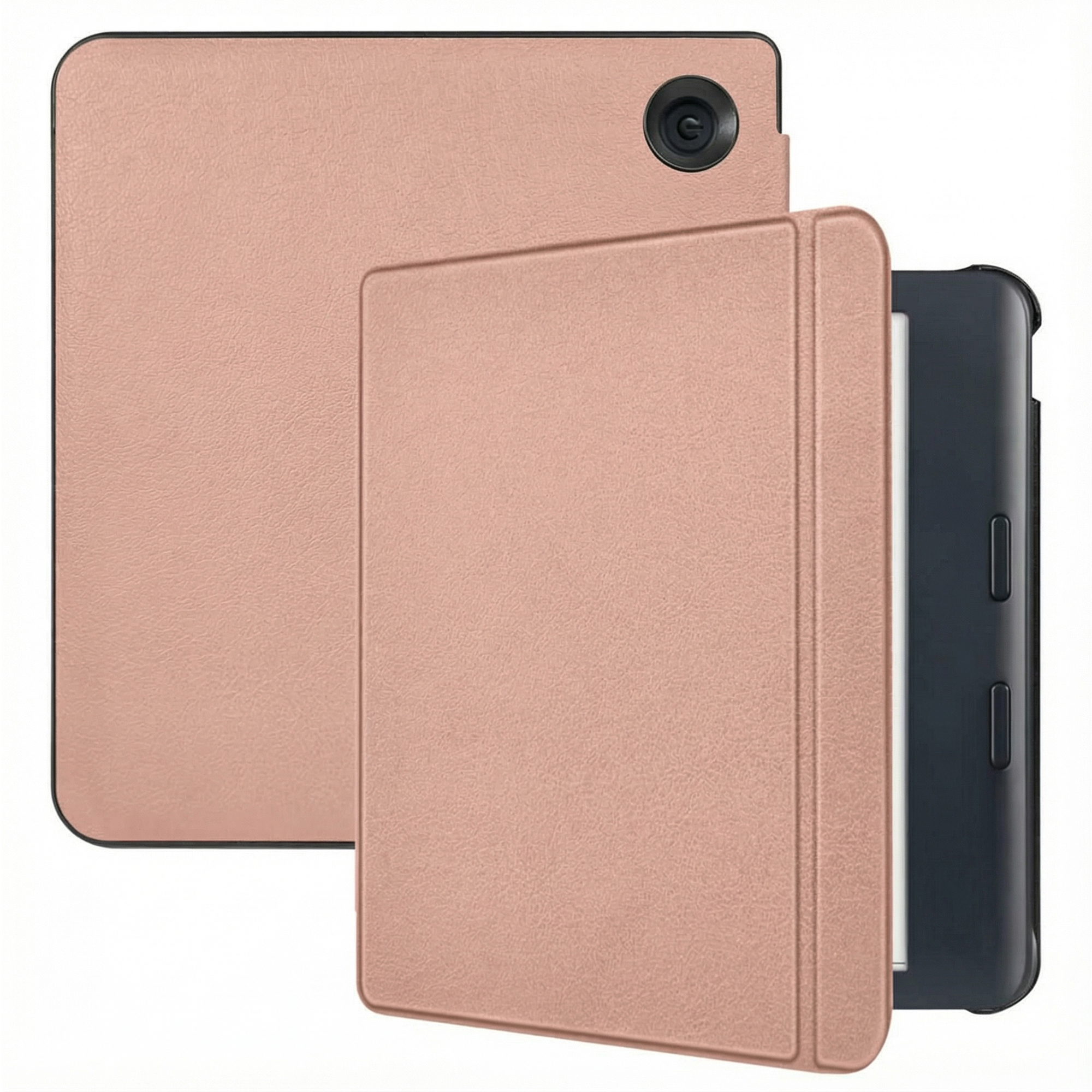 Een roségouden tablet met hoes, gedeeltelijk open. De hoes is ook roségoud. De achterkant van de tablet is zichtbaar.
