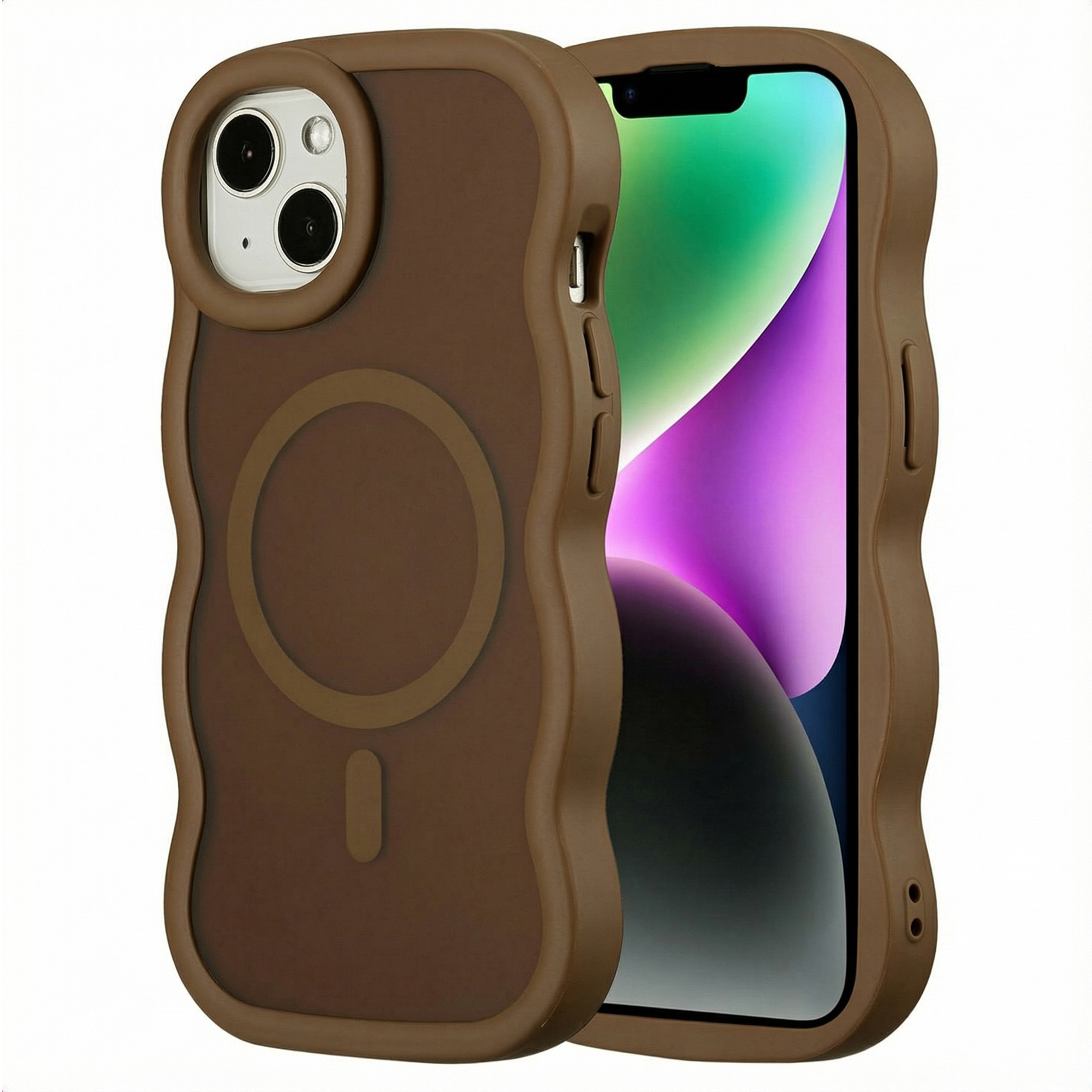 Een bruine telefoonhoes met een golvend design, die een telefoon met een groen, paars en zwart scherm beschermt.
