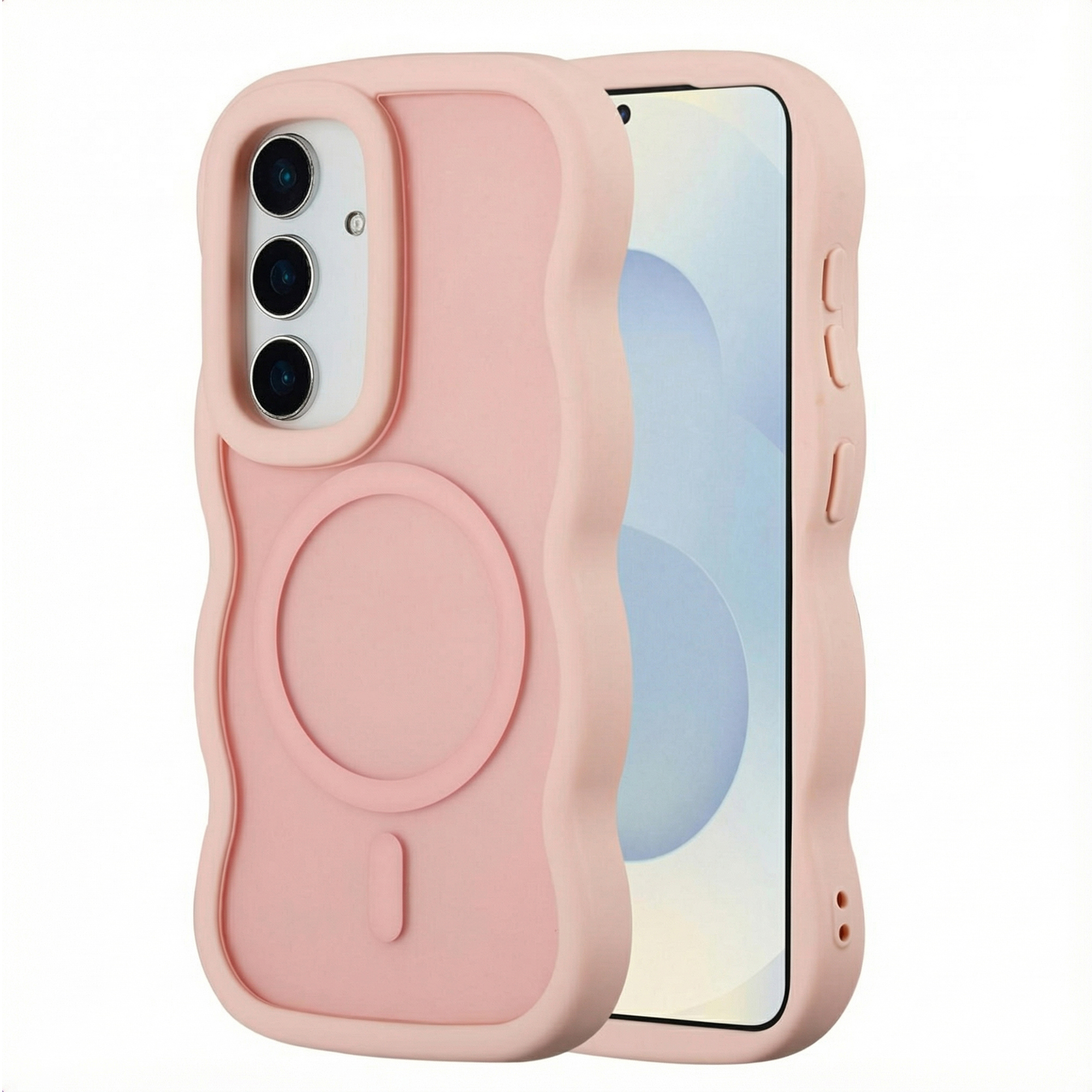 Een roze telefoonhoesje met een golvend ontwerp, met een telefoon erin. Het heeft drie cameralenzen.