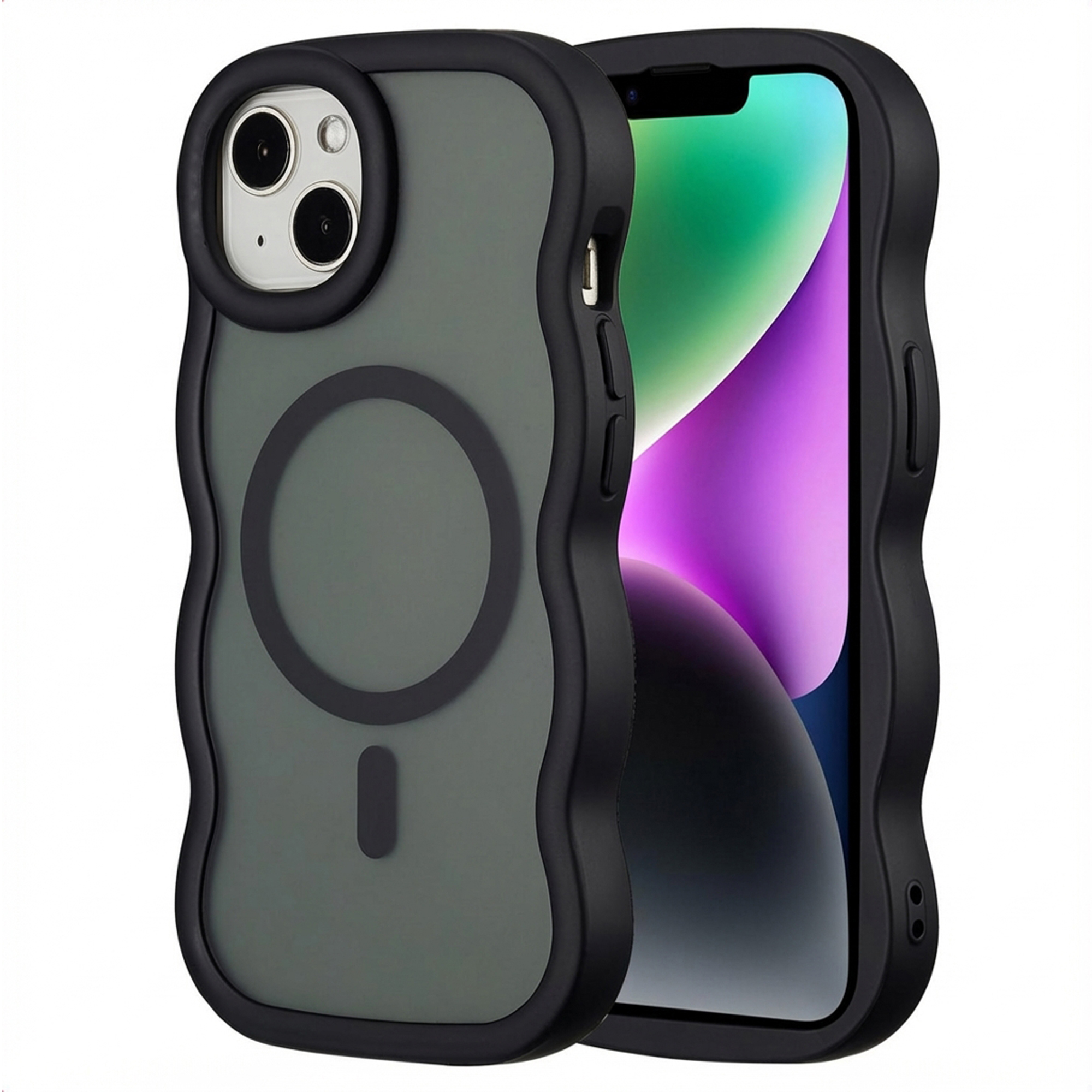 Zwarte telefoonhoes met grijze achterkant en zwarte rand. De telefoon toont een kleurrijk scherm.