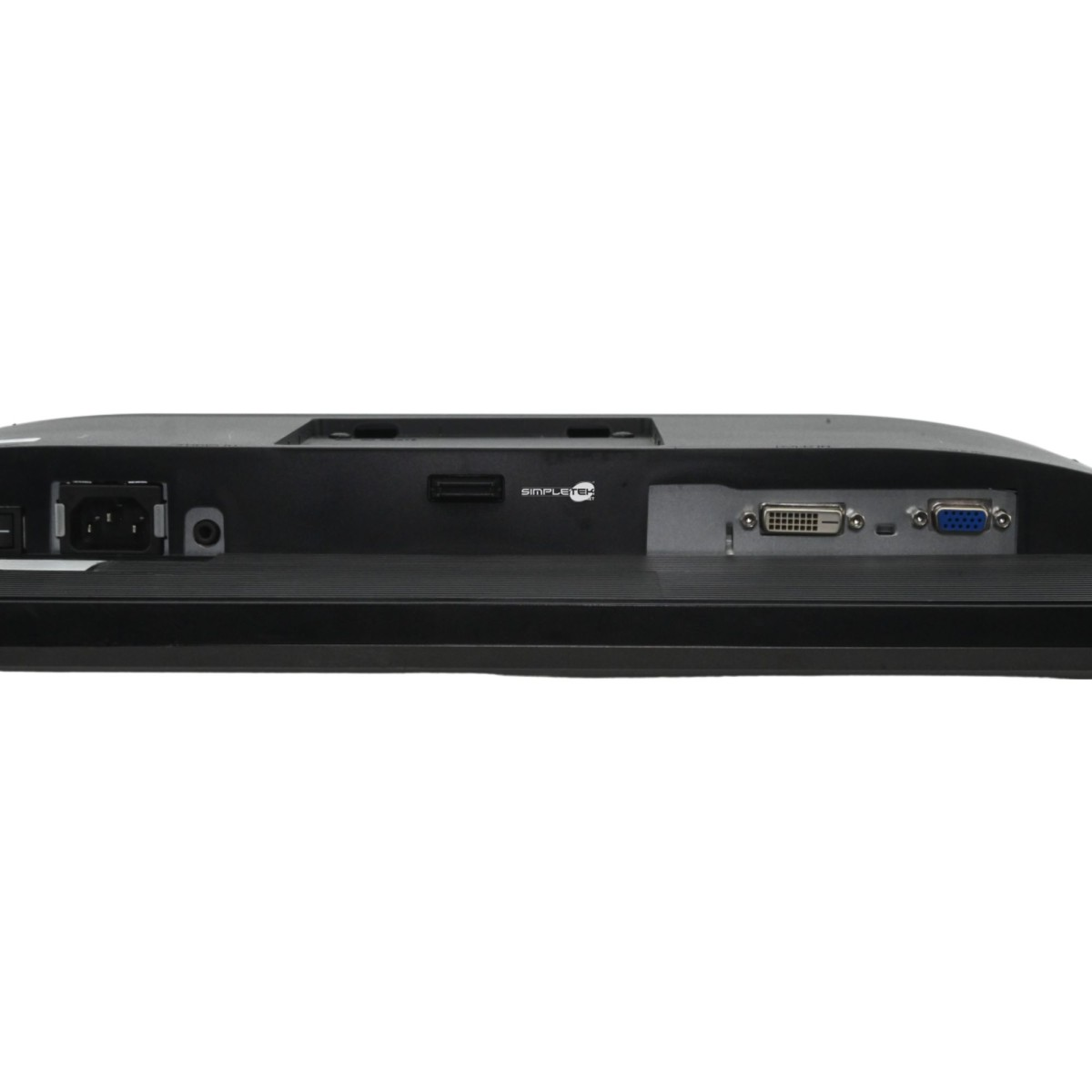 Vista posteriore di un monitor nero con varie porte. Include connessioni di alimentazione, DVI e VGA. Il marchio 'SIMPLE TEK' è visibile.