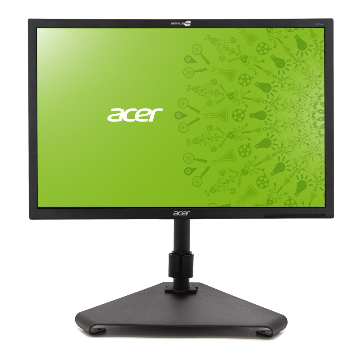 Monitor Acer su supporto nero. Lo schermo mostra il logo Acer e uno sfondo verde con icone di lampadine.