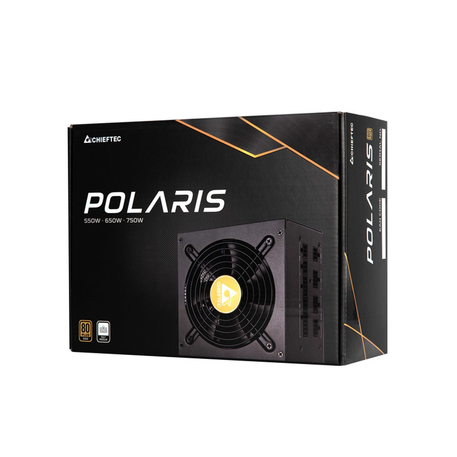 Una scatola nera dell'alimentatore Chieftec Polaris. Mostra il logo Polaris e le specifiche. La scatola ha una ventola.