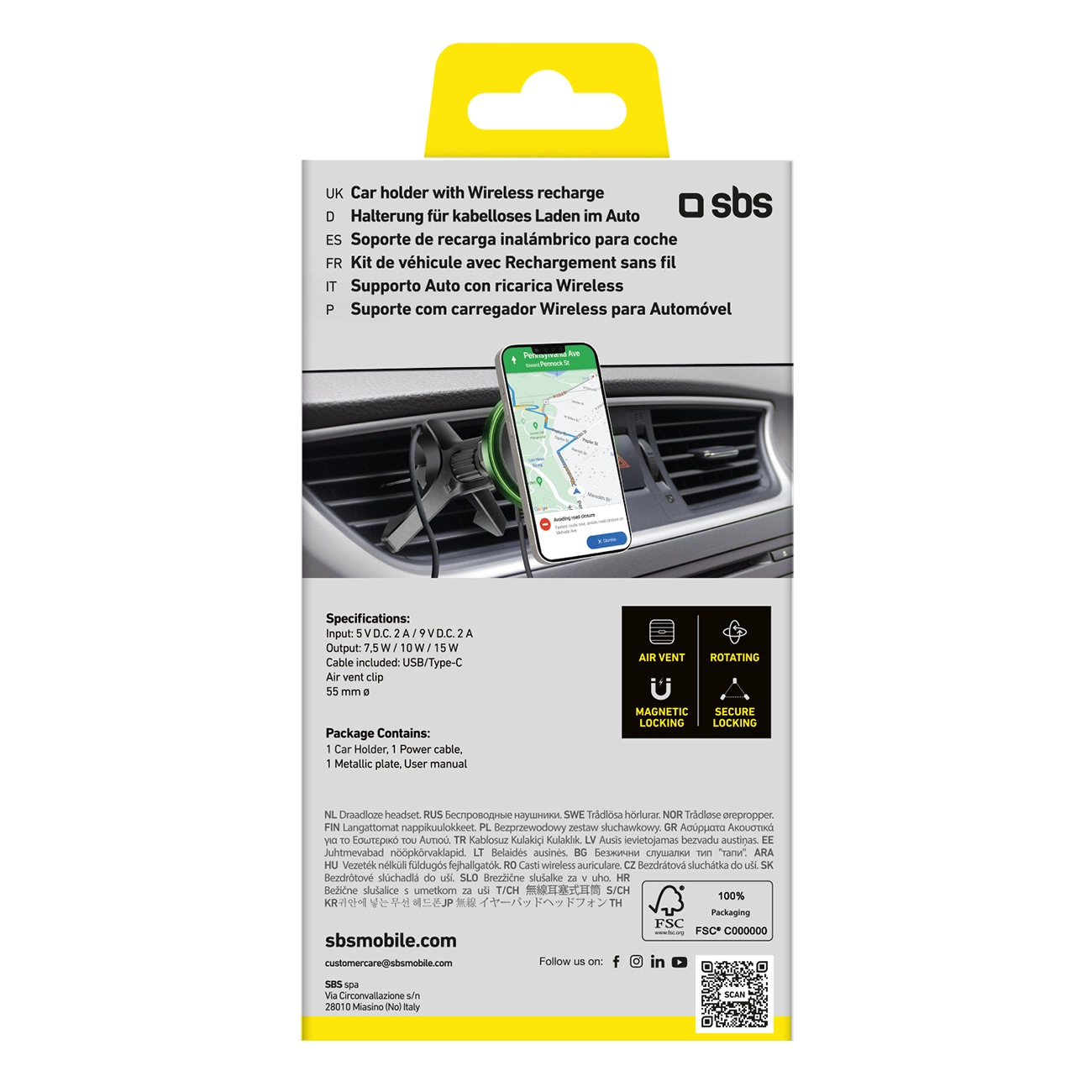 Un telefono in un supporto per auto, che mostra un'app di navigazione. La confezione mostra dettagli del prodotto e loghi.