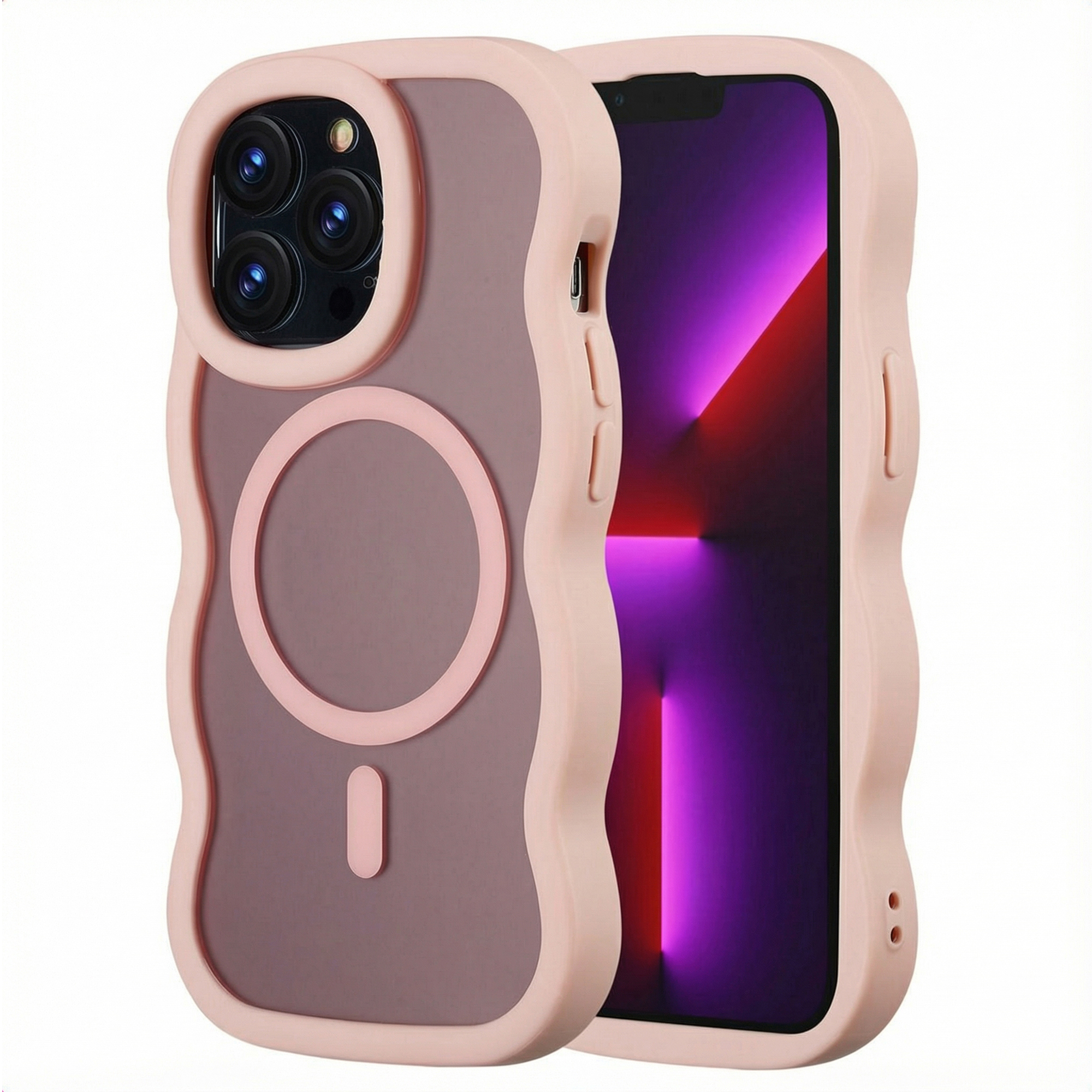 Un téléphone dans un étui rose. L'étui a un design ondulé et couvre l'arrière et les côtés du téléphone, montrant l'écran.