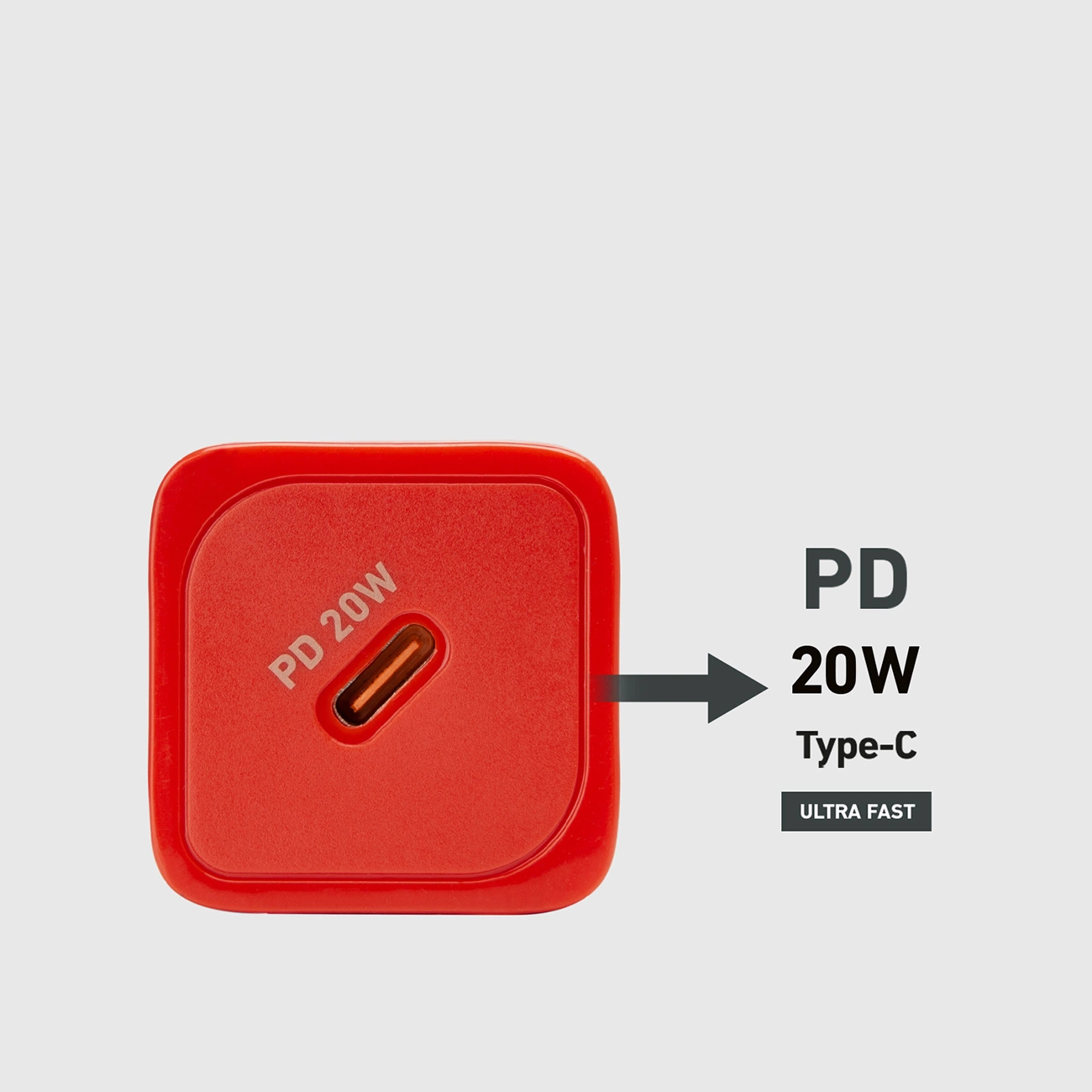 Un caricatore rosso PD 20W Type-C. Ha una forma quadrata con angoli arrotondati, e "PD 20W" è stampato sopra.
