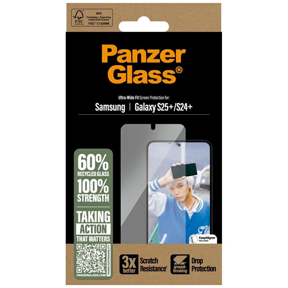 Scatola protettiva per schermo PanzerGlass. Con telefono Samsung, persona e testo sulla protezione e vetro riciclato.