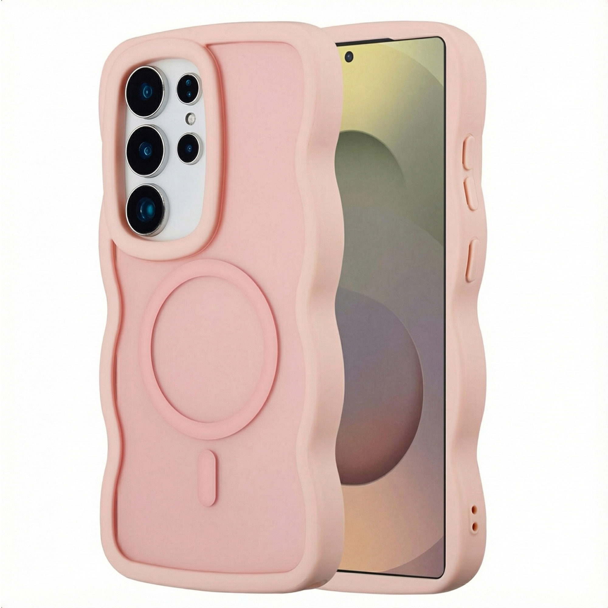 Une coque de téléphone rose avec un design ondulé, et un écran de téléphone à droite. La coque a plusieurs lentilles d'appareil photo.