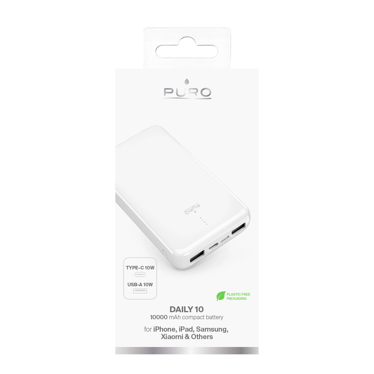 Un power bank bianco Puro Daily 10 su sfondo bianco. Ha una scatola bianca e presenta le parole 'Type-C 10W' e 'USB-A 10W'.