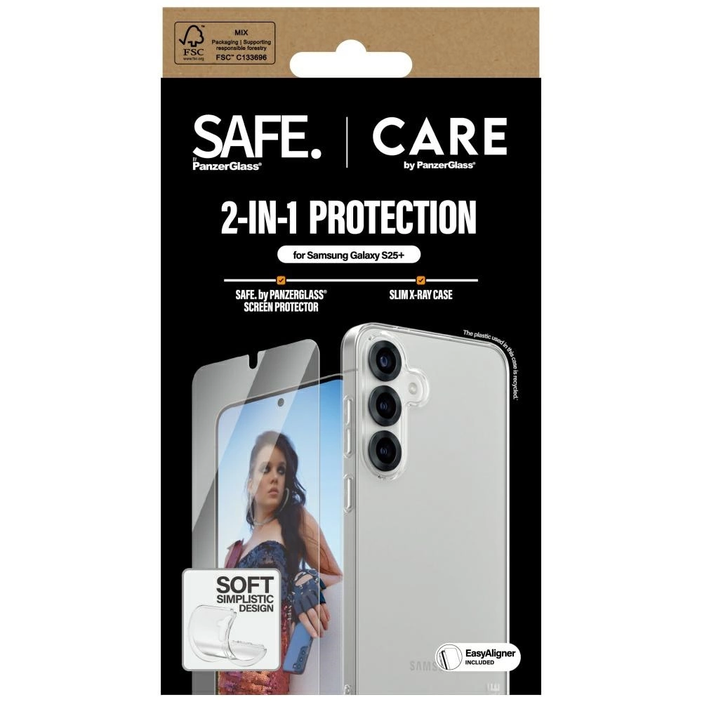 Confezione per un telefono Samsung Galaxy S25+. Contiene una protezione per lo schermo e una custodia sottile. La confezione ha testo e un'immagine.