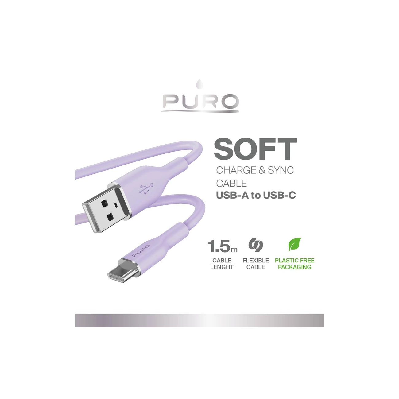 A purple USB-A to USB-C cable with the word SOFT. It's 1.5m long, flexible, and plastic-free packaging.