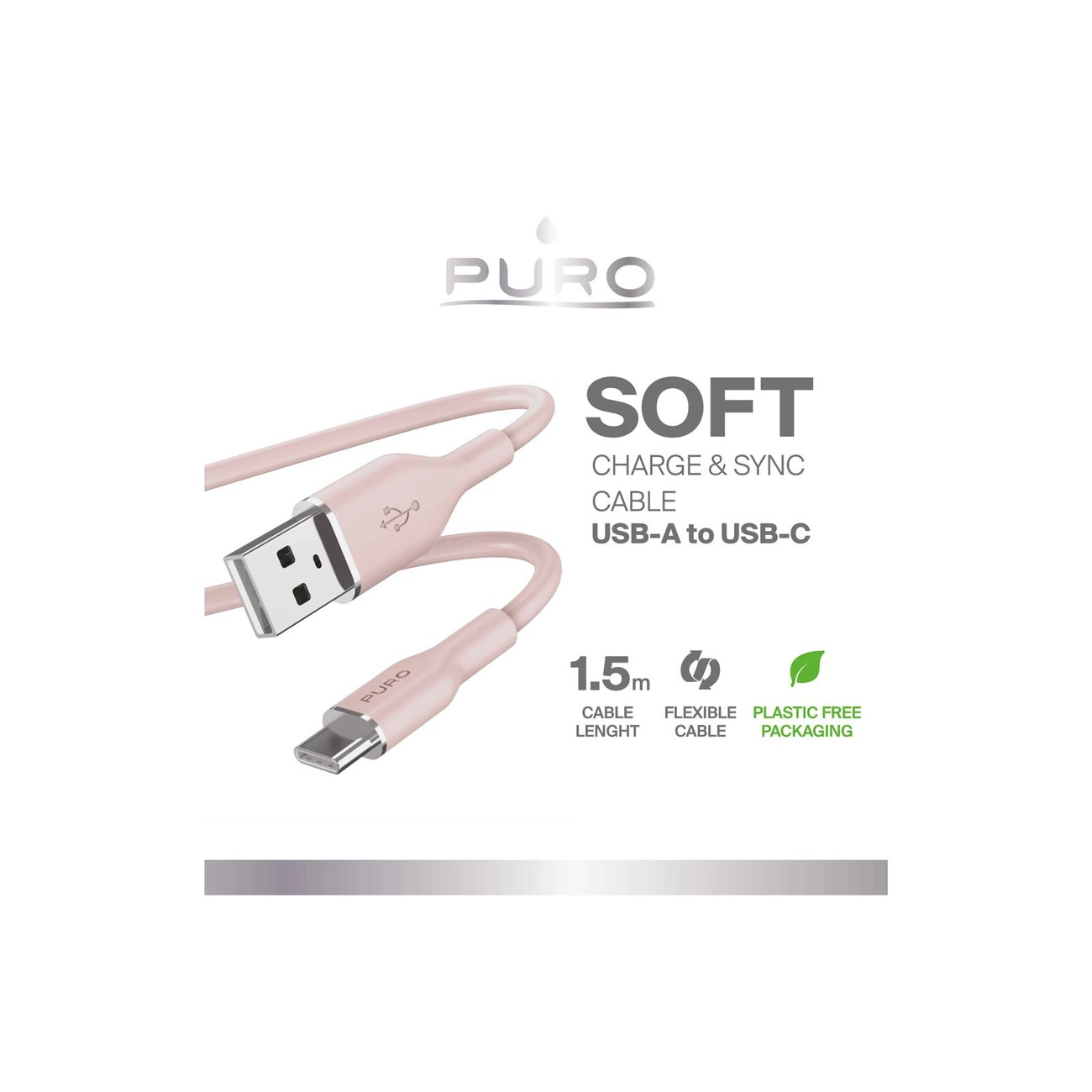 Różowy kabel Puro USB-A do USB-C. Tekst brzmi 'SOFT' i 'CHARGE & SYNC CABLE'. Wspomina również długość 1,5 m i elastyczny kabel.