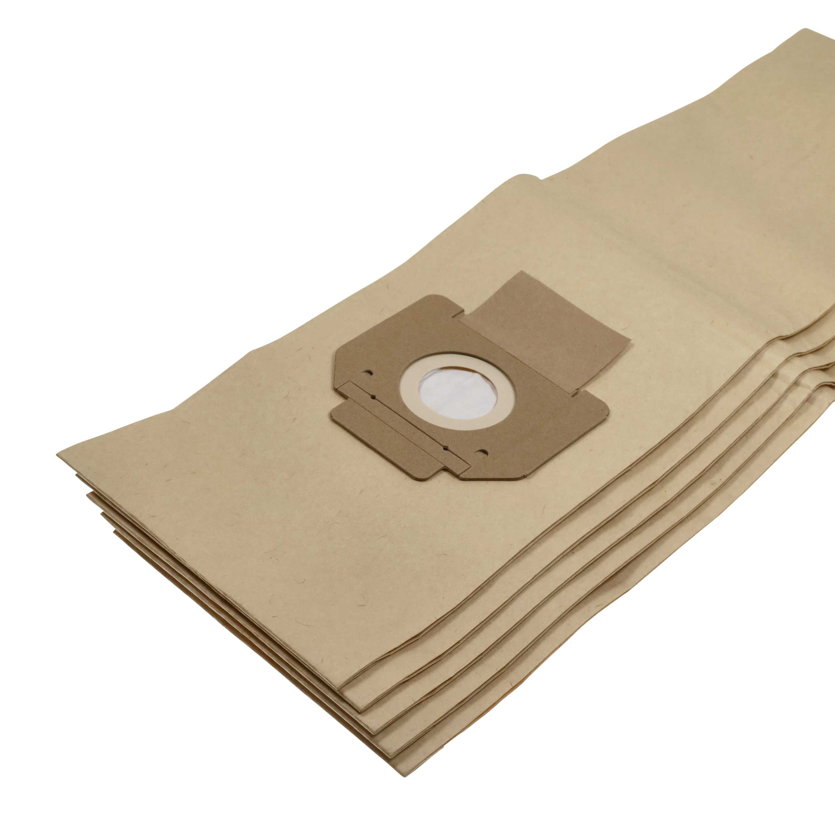 Mehrere beige Staubsaugerbeutel sind auf weißem Hintergrund gestapelt. Ein Beutel hat eine Kartonbefestigung.