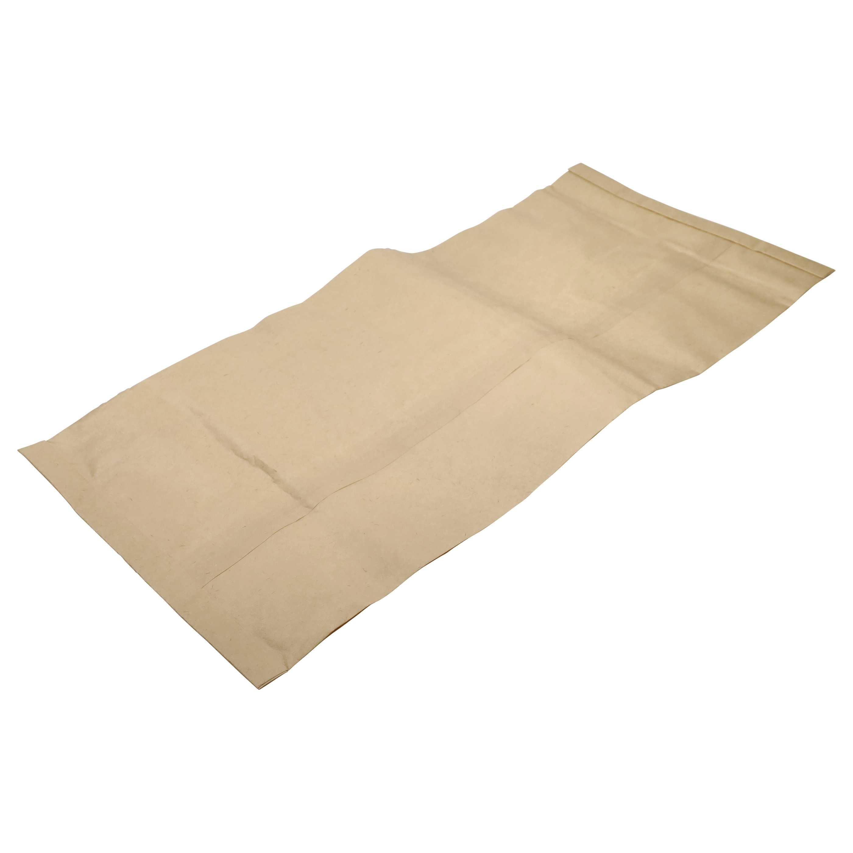 Eine beige Papiertüte liegt flach und offen. Die Tüte hat Falten und befindet sich auf weißem Hintergrund.